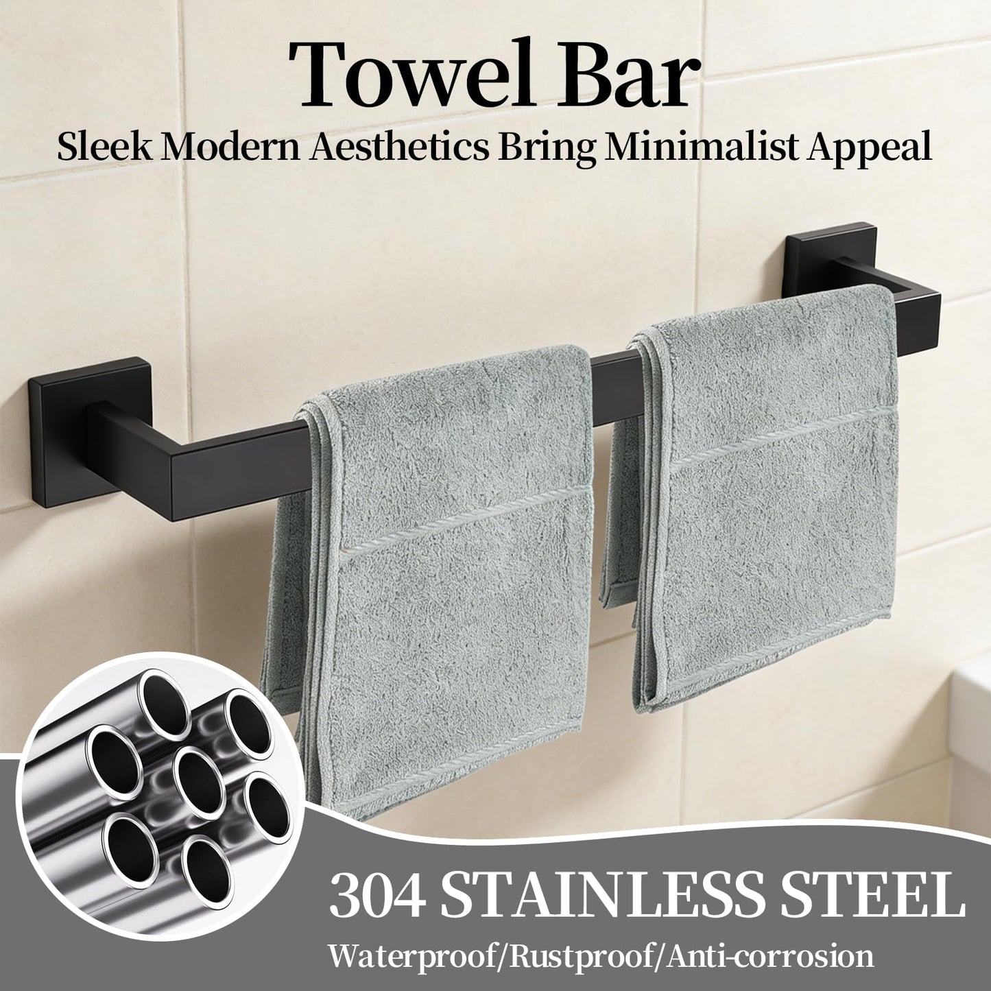 5-Piece Black Bathroom Hardware Accessories Set - 60cm/24inch Towel Bar, Toilet Paper Holder, 27cm Hand Towel Holder, 2 Wall Hooks, SUS304 Stainless Steel Bath Towel Bars Set, Screw-in Towel Racks Set