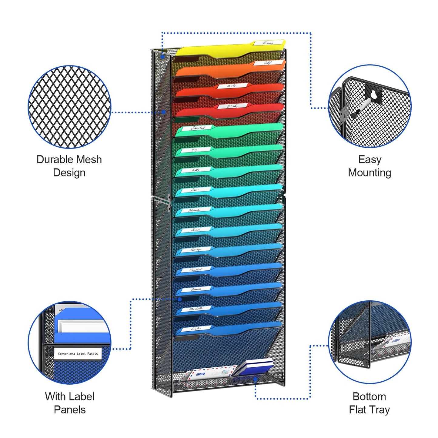 Samstar 16 Tier Wall File Organizer, Hanging Wall File Holder Wall Mount Paper Folder Organizer, Letter Magazine Rack for Office Organization,Mesh Made,Black