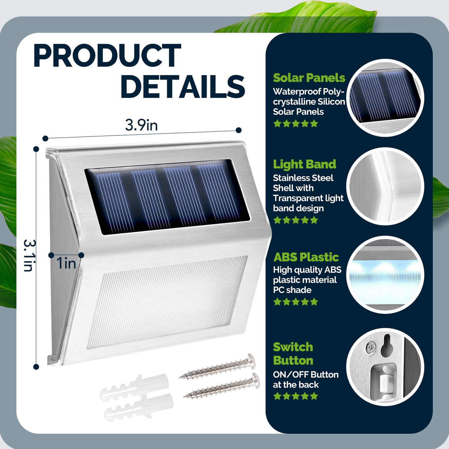 COOZAMING Solar Deck Lights, Solar Fence Lights Outdoor Waterproof Light 3 LED Stainless Steel Led Stair Light for Deck, Step, Stair, Pathway, Walkway, Garden (Cold White 12 Pack)