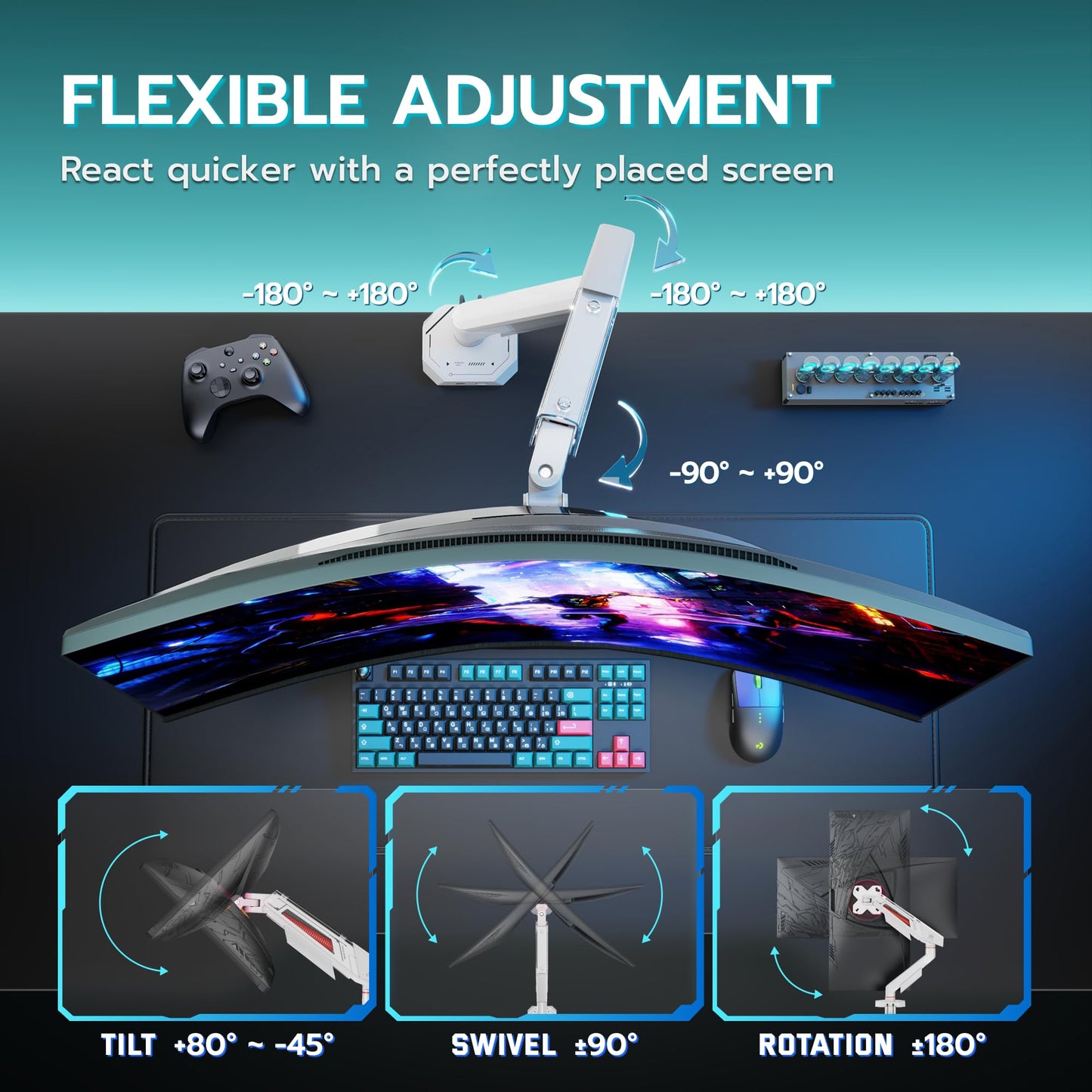 ARES WING Heavy Duty Single Monitor Arm, Fully Adjustable Single Monitor Mount for 17-40 Inch Flat Curved Ultrawide Screens Up to 26.5lbs with USB A/C, C-Clamp & Grommet Base, 75/100 Vesa Mount, White