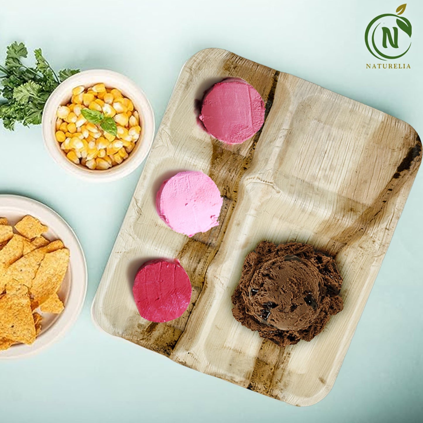 Naturelia 100% Compostable 12-Inch Palm Leaf Disposable 5 Partition Rectangle Plates- Premium Eco-Friendly, Biodegradable, Microwave-Safe Palm Leaf Dinnerware for Parties and Events