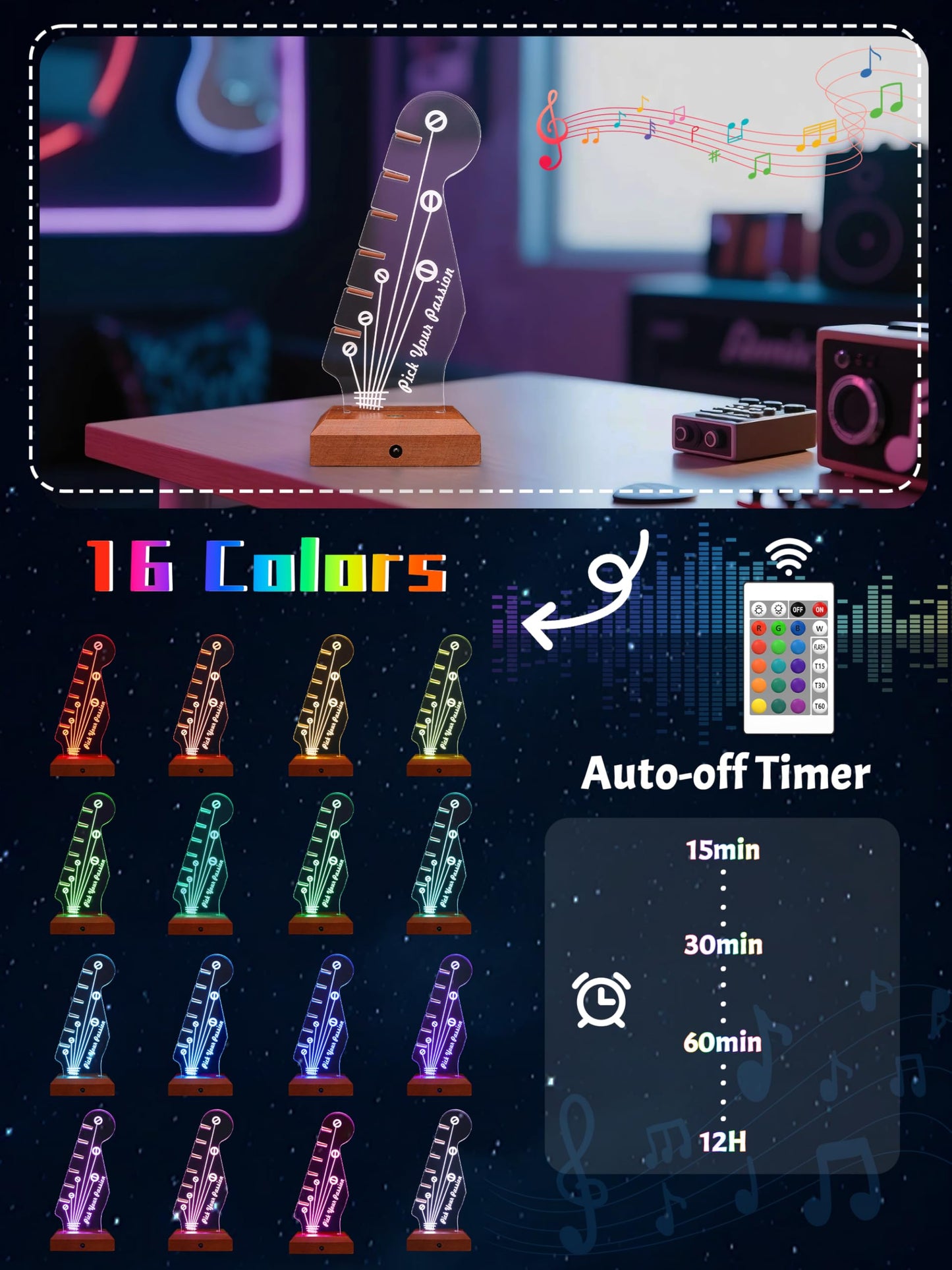 CoolGift Mart Light Up Guitar Pick Holder, Acrylic Wooden Electric Guitar Headstock Shaped Pick Holder with 16 Color Lights for Picks Storage and Display, Gift for Guitarists