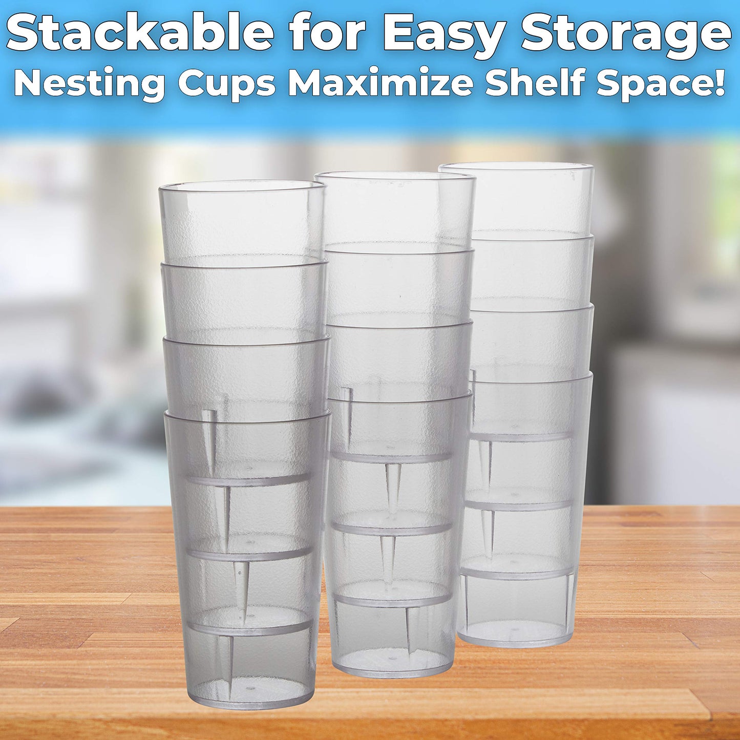 Restaurant Grade, BPA-Free 12oz Clear Plastic Cups 24pk. Super Durable, Break Resistant Drinking Glasses for Cafe, Party, Catering. Reusable, Stackable Tumblers with Textured Grip Design