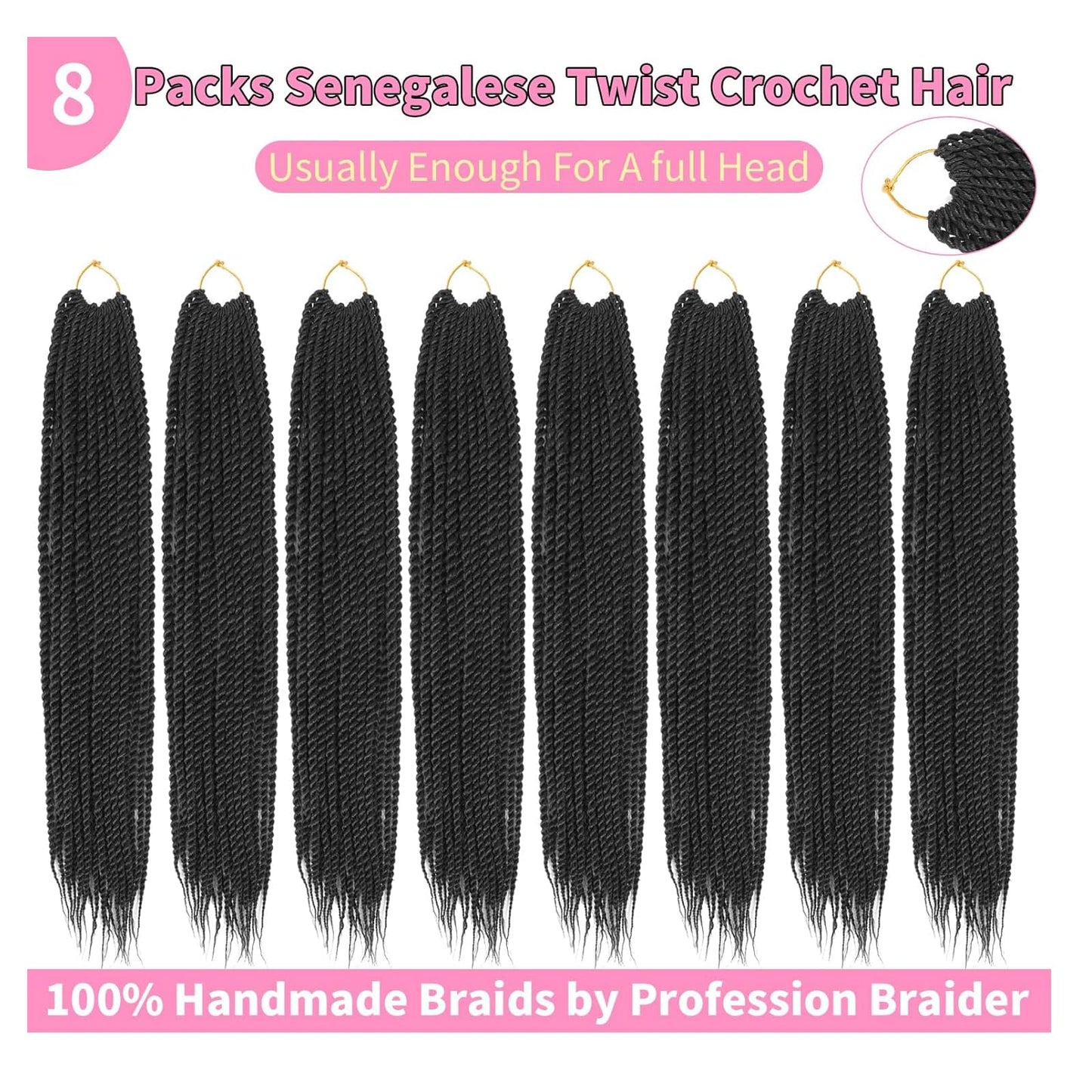 Black Senegalese Twist Crochet Hair - 8 Packs 22 Inch Small Crochet Hair for Braiding, 30 Strands/Pack Crochet Braids Hair For Black Women, Crochet Twist Hair Braiding Hot Water Setting (22inch, 1B)