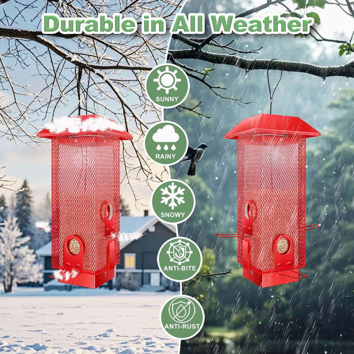 Squirrel Proof Bird Feeder,2.5Lbs Bird Feeders for Outdoors Hanging, Metal Birds Feeder with 4 Feeding Ports, Wild Birds Feeder for Cardinal, Finch, Sparrow (Red)