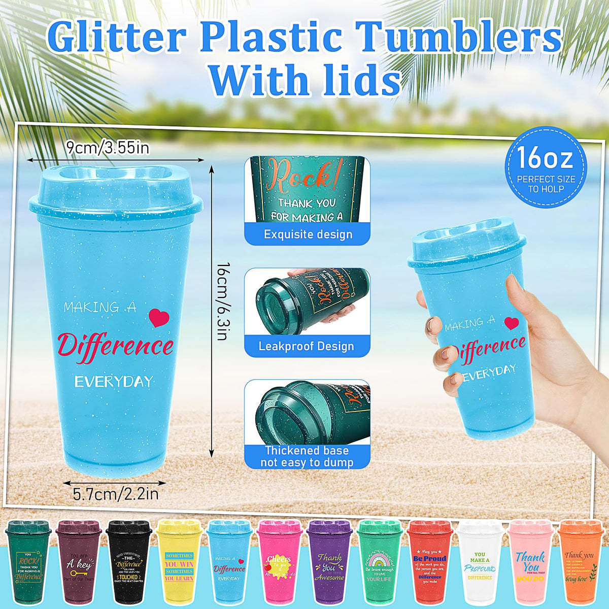 48 Pcs Thank You Gifts Coffee Cups 16 oz Employee Appreciation Gift Glitter Tumbler with Lid Reusable Plastic Coffee Mug Bulk for Coworker Staff Teacher Team Christmas Gift,12 Colors