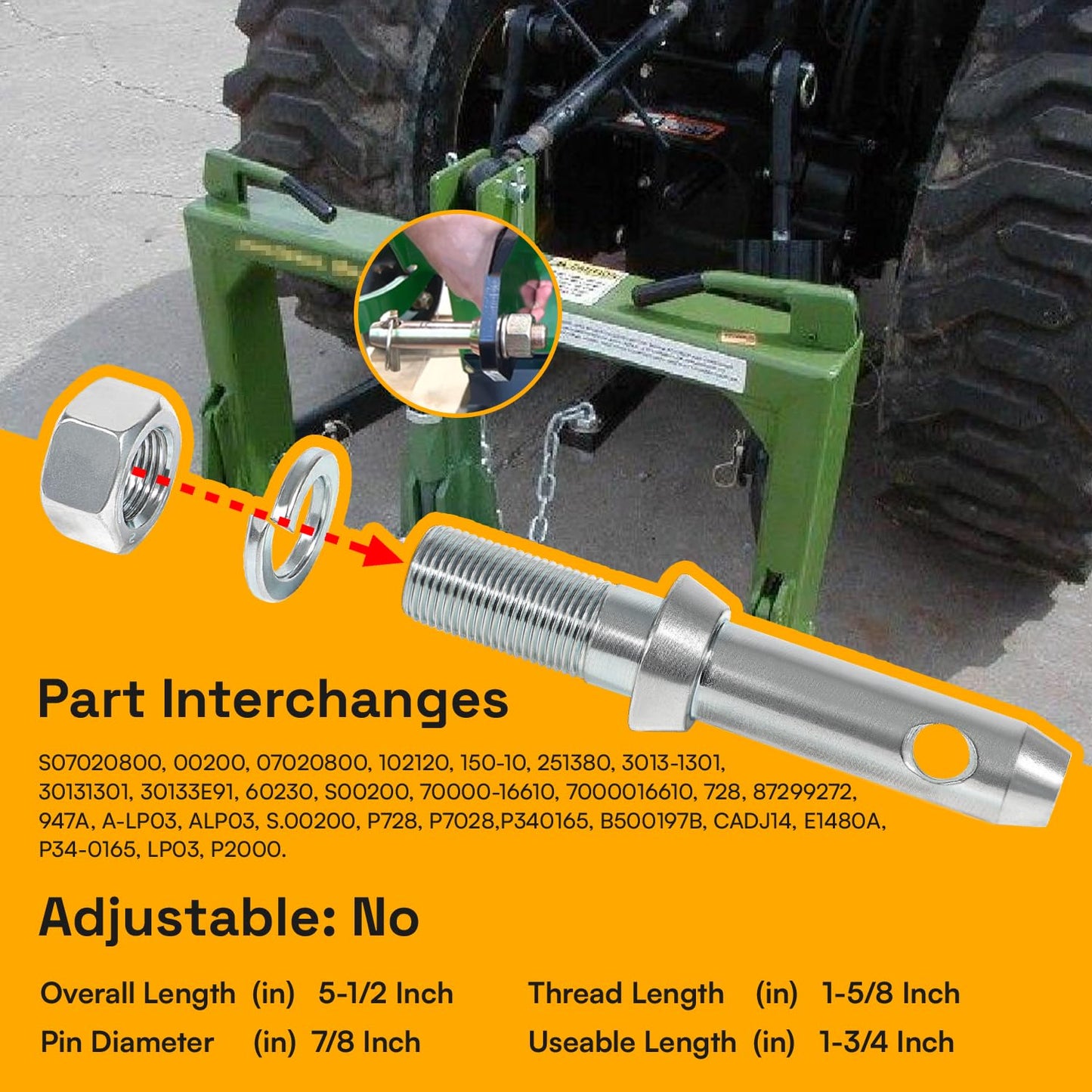 Sunluway 3 Pack Cat 1 Draw Pin Lift Arm Pin, 7/8 in Dia, 5-1/2 in Universal, Forged, Silver, Carbon Steel, Powder Coated, Tractor Hitch Accessories