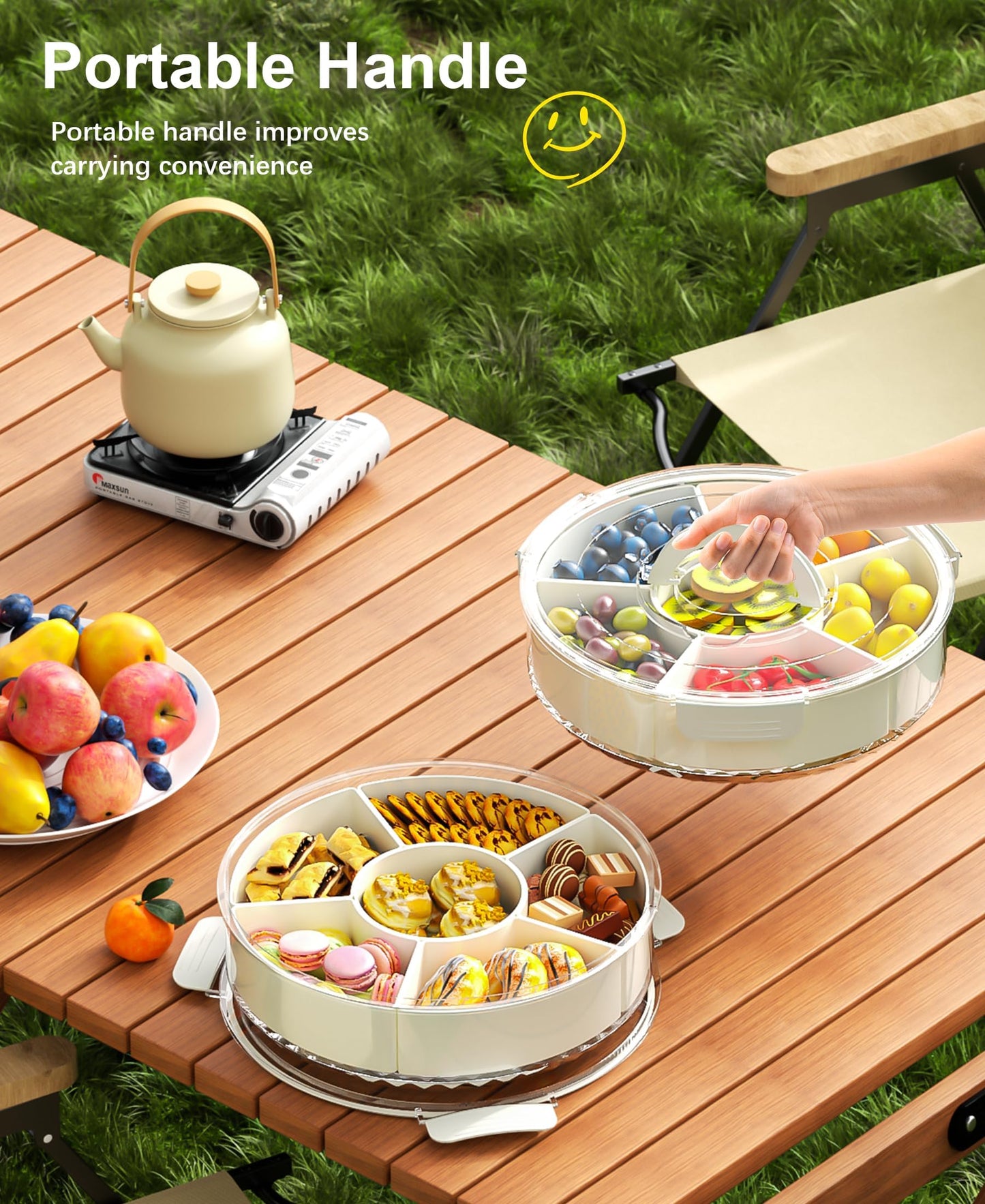 STORICANS Rotating Snack Box Container, Divided Serving Tray with Lid and Handle, Snack Organizer for Adults Fruit Tray, Veggie Tray, Perfect for Party, Entertaining 1 Pack