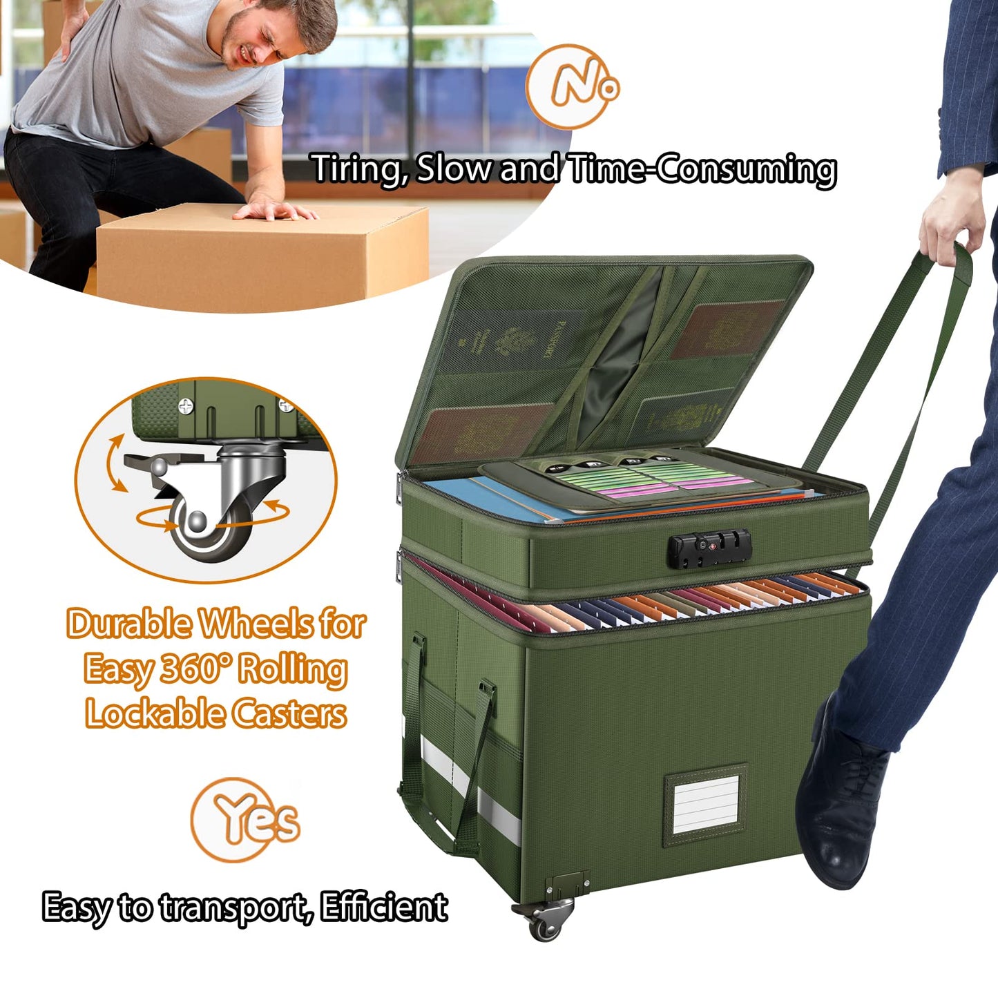 DocSafe File Box with Lock,2-Layer Fireproof Document Box with Wheels,Collapsible Rolling File Storage Organizer with Pockets,Large Portable Home Office Filing Cabinet Safe for Hanging Folders,Green