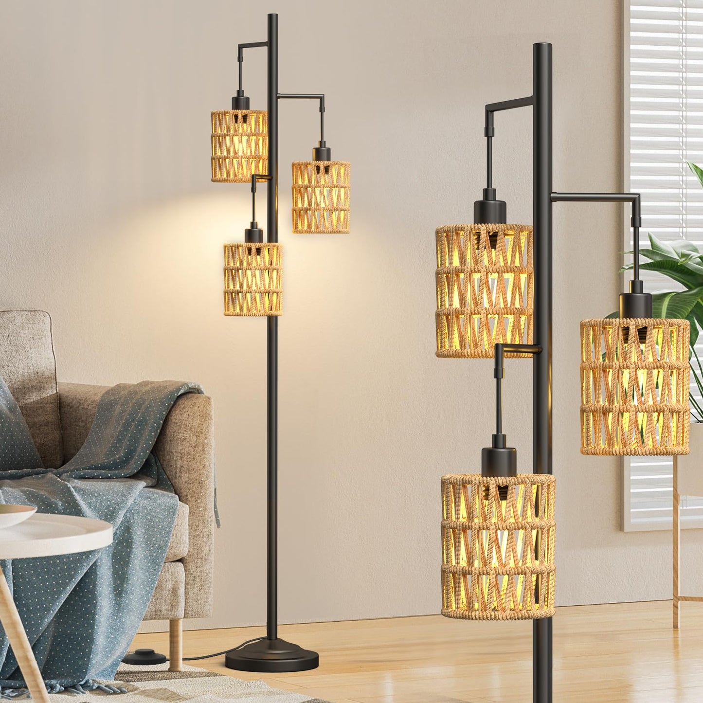 CNXIN 3 Lights Rattan Floor Lamps with ON/Off Foot Switch Tree Standing Lamp with Wood Rattan Lampshades Boho Floor Lamp Tall Pole Lamp for Living Room Bedroom Office, 3 PCS 6W Bulbs Included