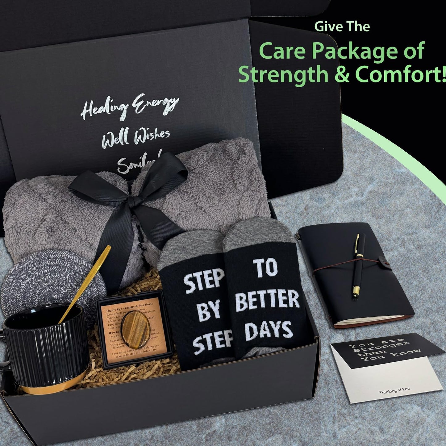 Care Package for Men - Get Well Soon Gifts with Plush Blanket, Ceramic Mug Set, Socks, PU notebook, Pen, Stress Stone, Greeting Card - Get Well Gifts for Men After Surgery Dad Friend