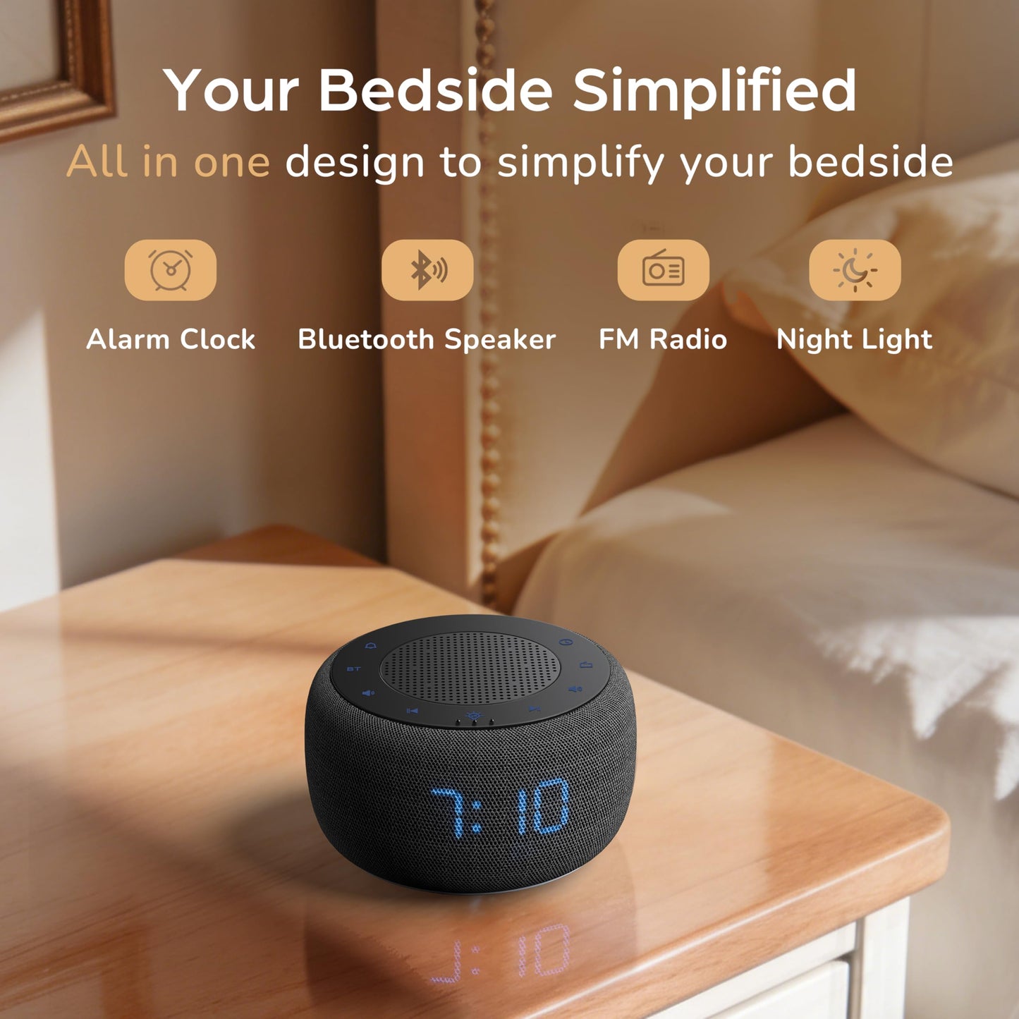 BUFFBEE Bluetooth Speaker Alarm Clock with FM Radio - High Fidelity Sound, Full Range Dimmer, Plugged in Alarm Clock Radio for Bedroom