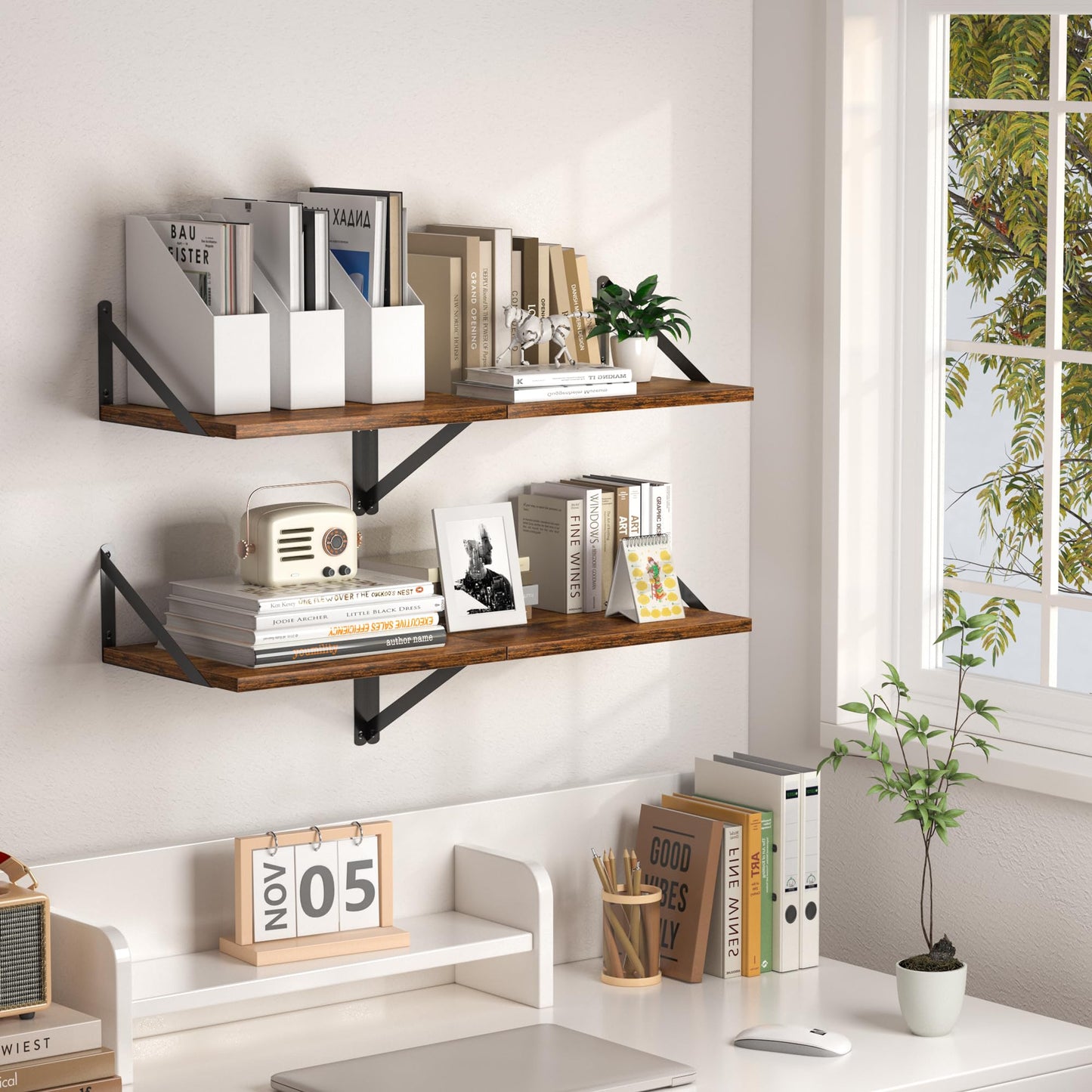 Rustic Brown Floating Shelves for Wall, 16W x 12D Inch Wood Wall Shelves Set of 2, Wide Floating Bookshelf for Living Room, Kitchen, Office, Bedroom Storage & Decoration with Metal Bracket