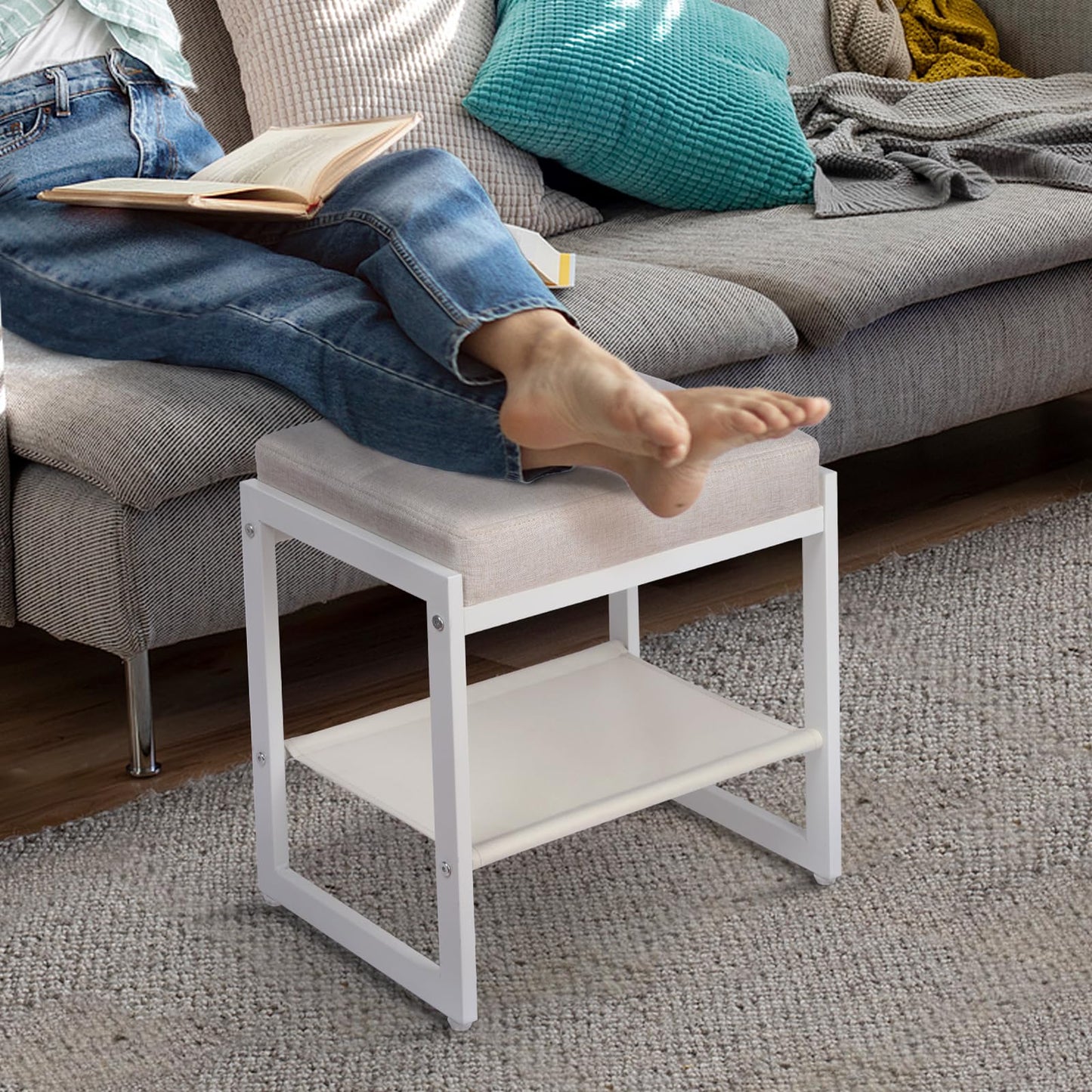 Vanity Stool, Makeup Vanity Chair for Vanity, Ottoman Seat for Bedroom Makeup Living Room,Foot Stool Foot Rest, (Beige&White)