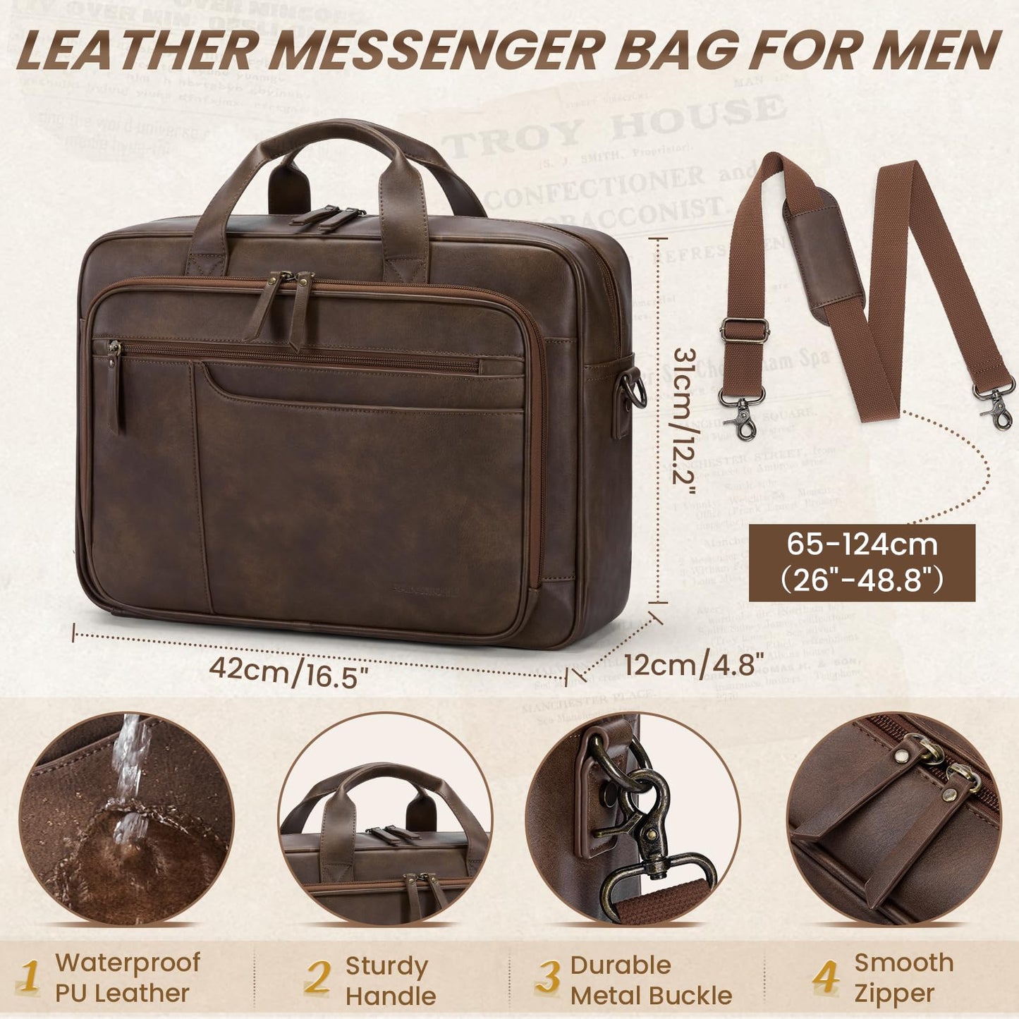 RAINSMORE Messenger Bag for Men 16 Inch Laptop Bag Vintage Leather Laptop Bag Waterproof Computer Briefcase Retro Satchel Bag Brown