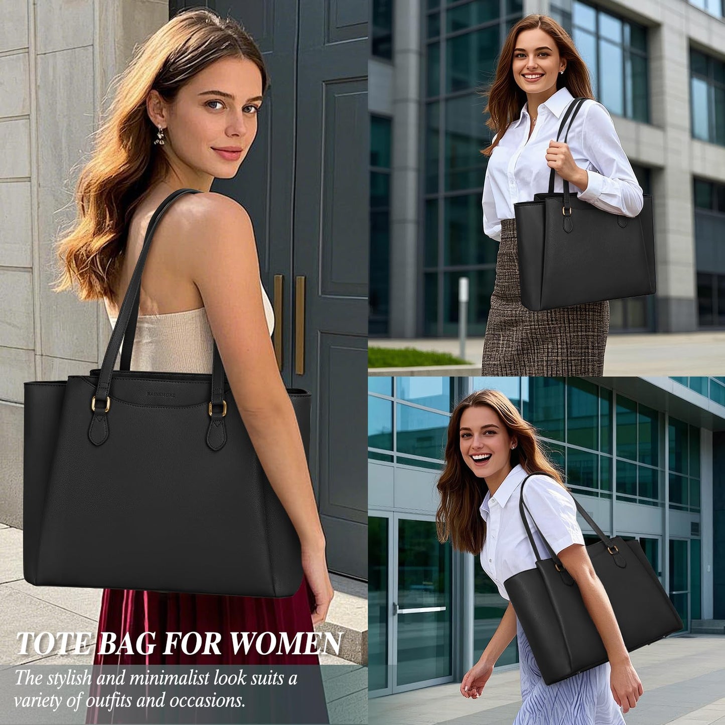 RAINSMORE Laptop Bags for Women 15.6 Inch Work Tote Bags Womens Laptop Purse Waterproof PU Leather Laptop Briefcase for Office Computer Bag Women Travel Handbag, Black