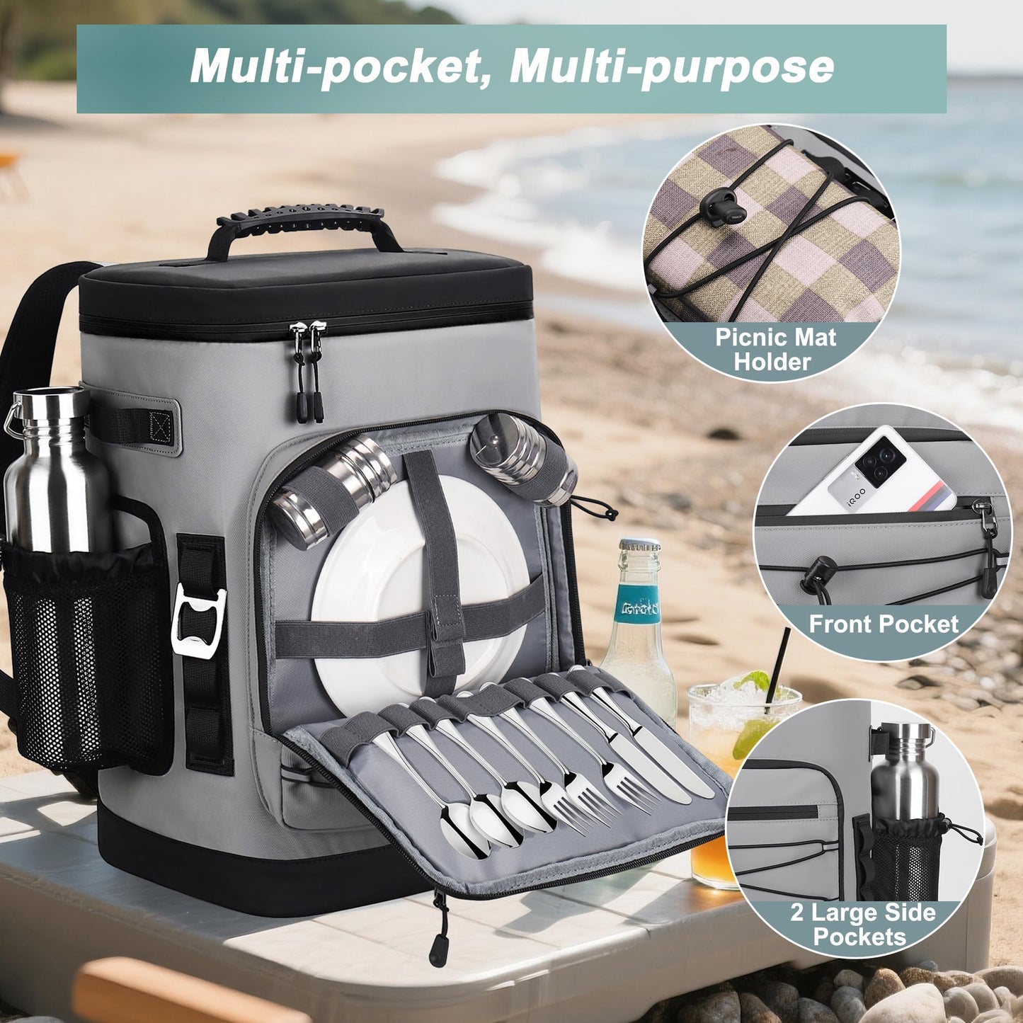 YOUNGOA Large 52cans Cooler Backpack, Insulated, Waterproof, Leak Proof, 30L Large Capacity (Grey, Black Zipper)
