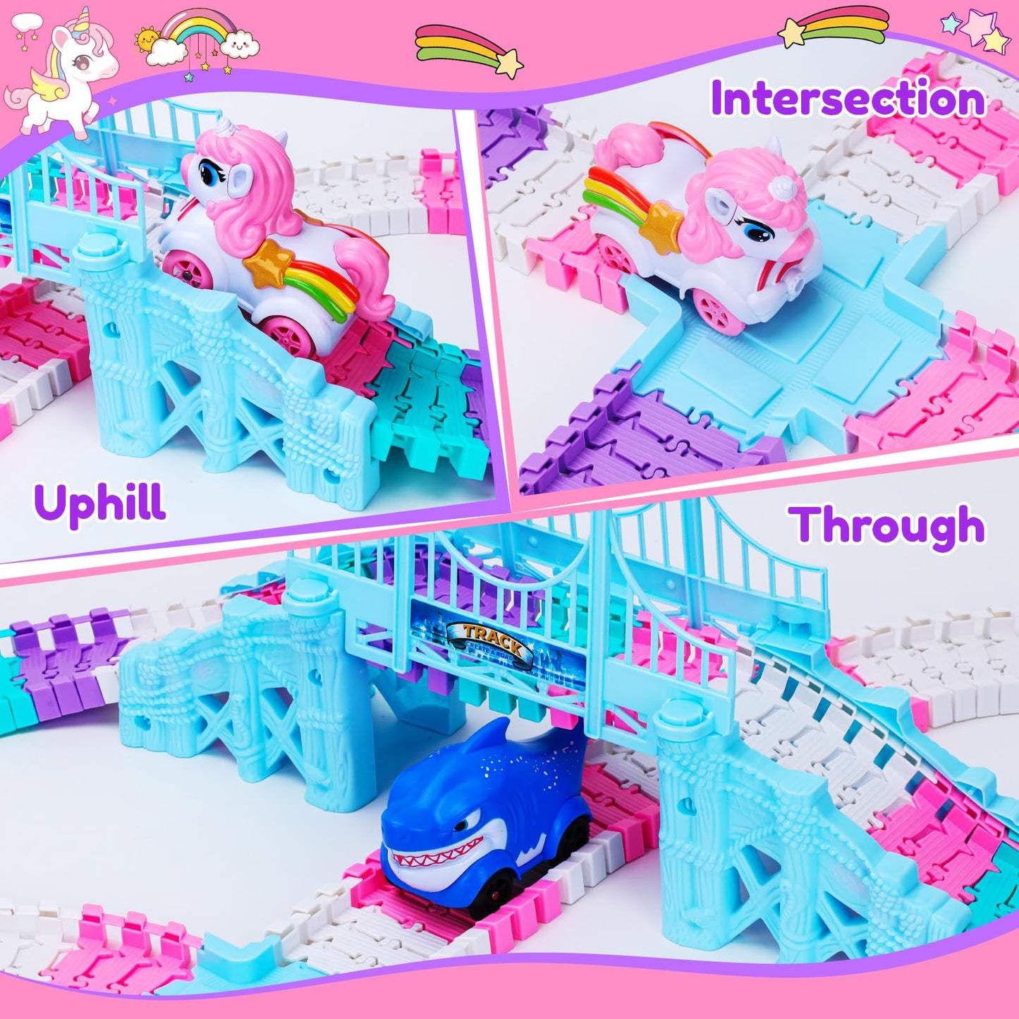 Race Track Toys for 3 4 5 Year Old Girls: Shark & Unicorn Gifts for Girls Kids Toys Age 4 5 6, Flexible Car Tracks Train Set Toddler Toy for 3 4 5 6 Year Old Girl Gifts Birthday Cadeau (194PCS)