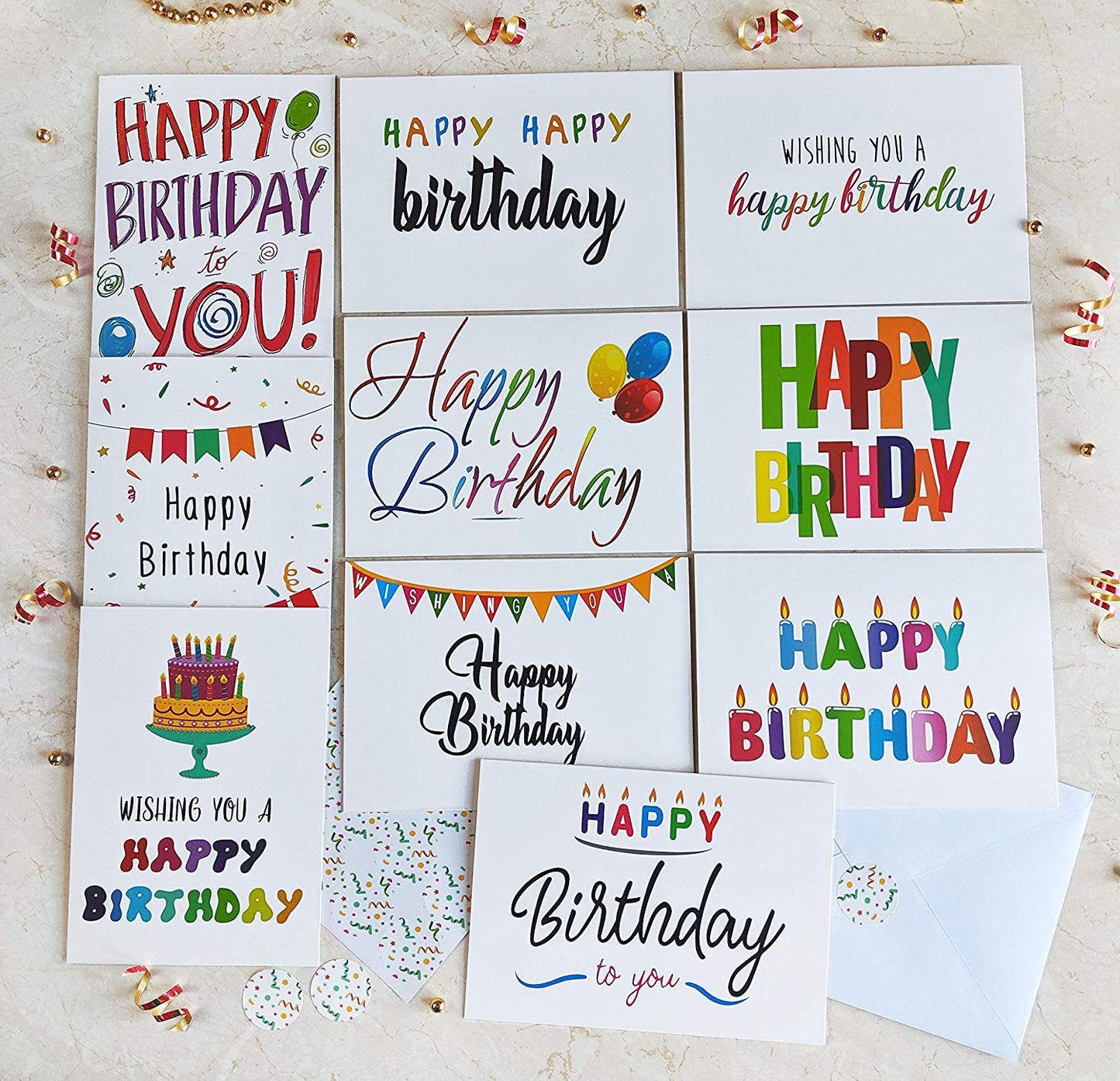 100 Happy Birthday Cards, Large Assorted Greeting Notes with Envelopes and Stickers, 10 Unique Designs, 5x7 Inch, Thick Card Stock Bulk Box Set