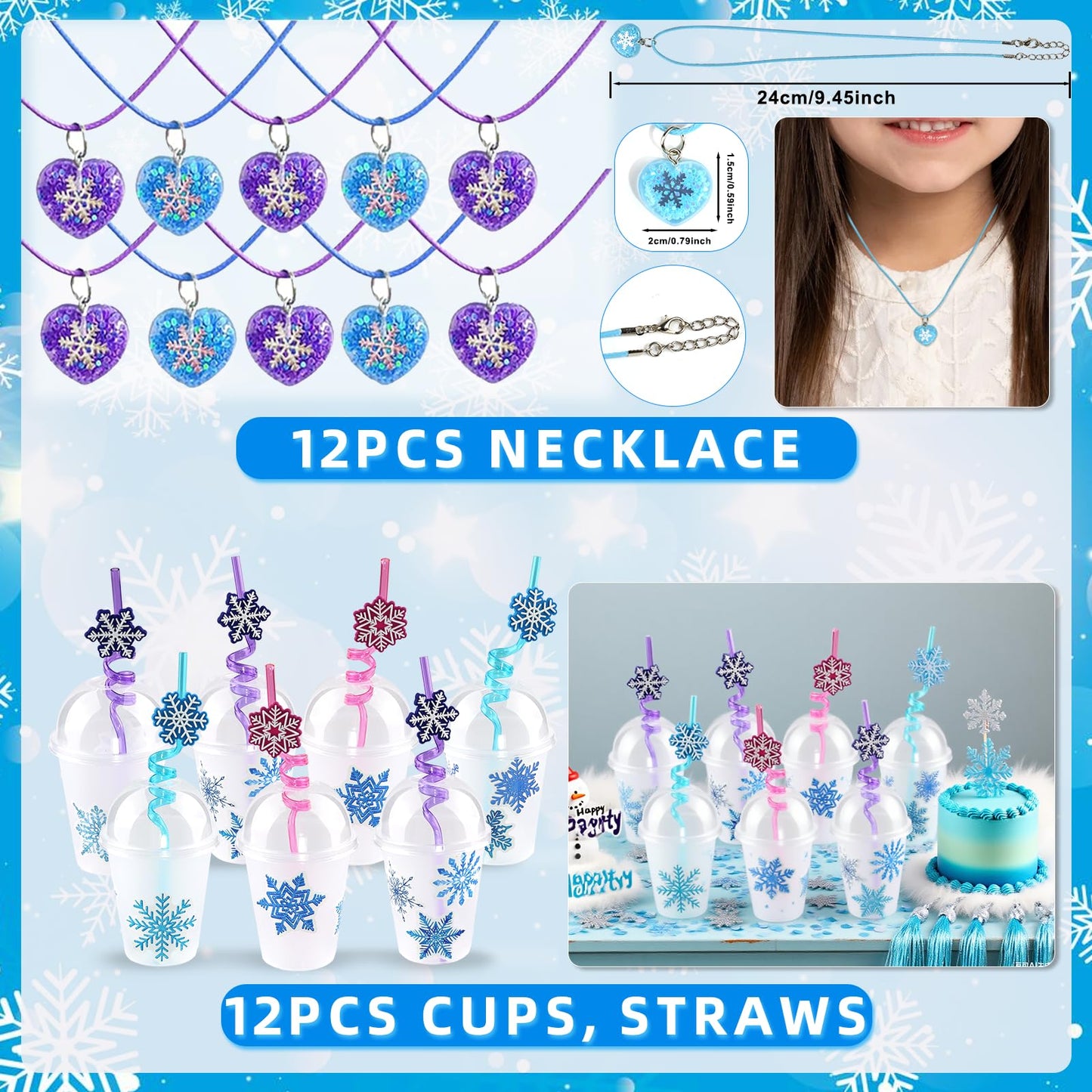 170PCS Birthday Party Favors for Girls, Snowflake Princess Theme Party Supplies - Includes Party Cups with Straws, Hairpins, Pendants, Bracelets, Stickers, Snowflake Toys, Goodie Bags