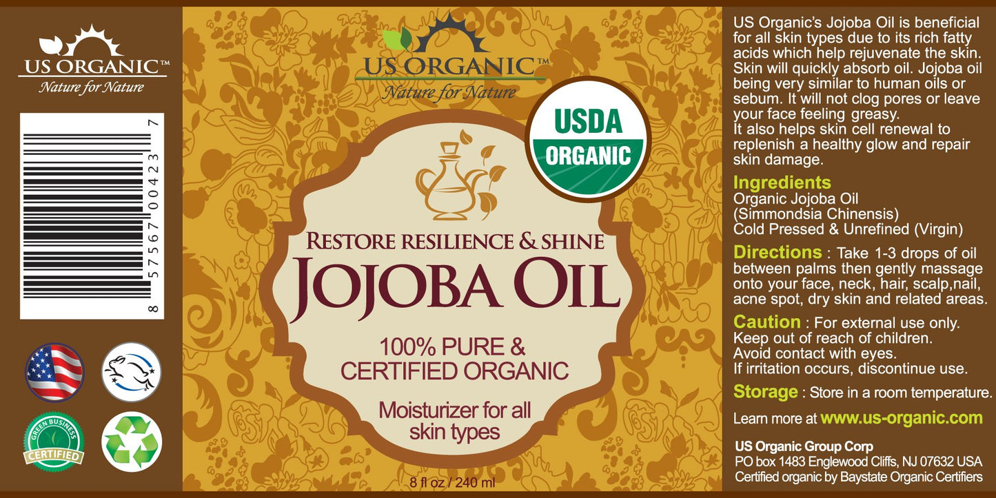 US Organic Jojoba Oil, USDA Certified,100% Pure & Natural, Cold Pressed, Virgin, Unrefined, Amber Glass Bottle with Glass Eye Dropper for Easy Application, Sourced from Israel, 8 oz (240 ml)
