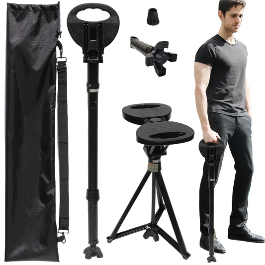ALEVMOOM Upgraded Folding Canes with Seat Max Load 550lbs，Retractable Walking Stick with Seat,Height Adjustment Cane Chair for Adults,Crutches Stool with Carry Bag for Hiking Traveling