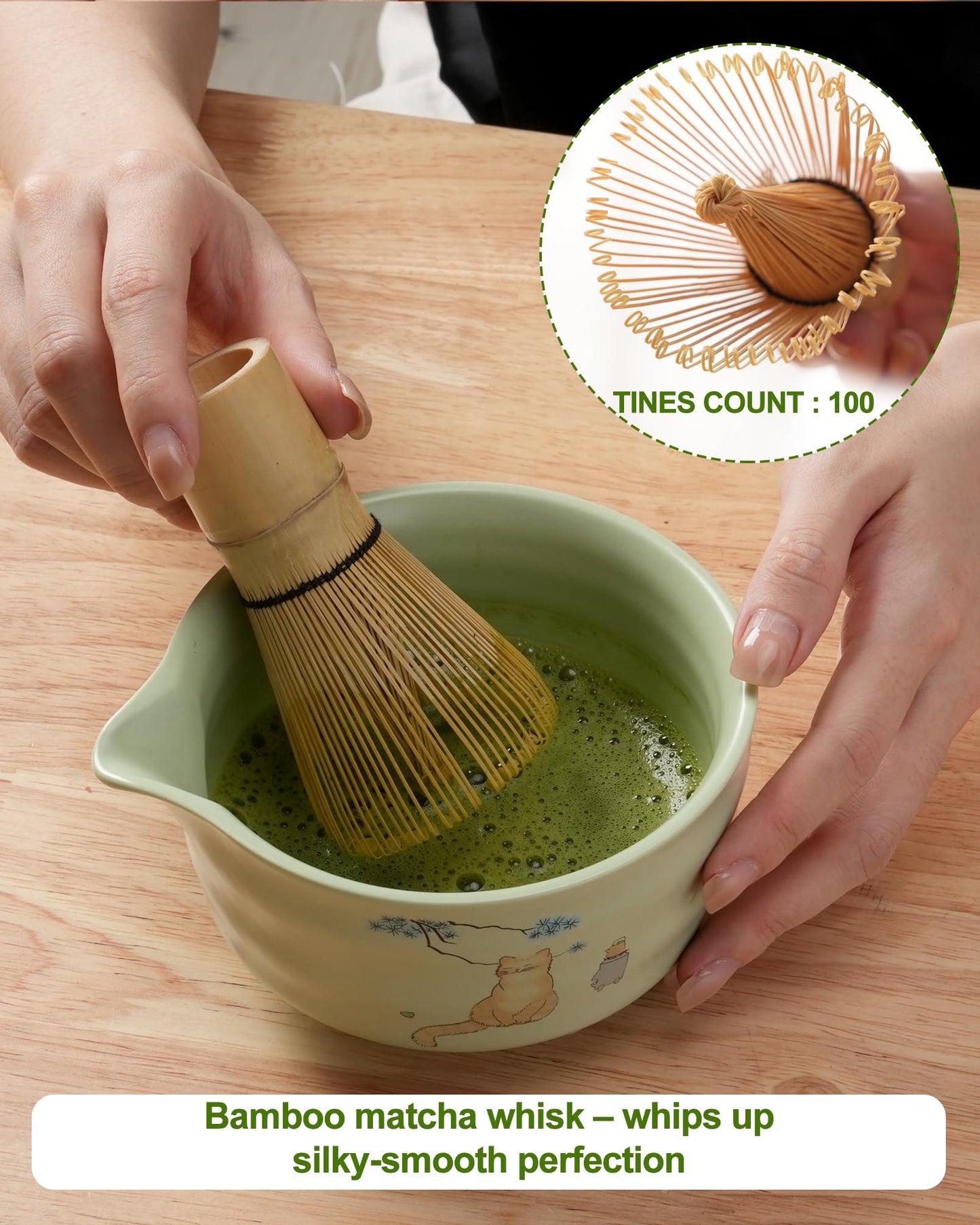 Matcha Whisk Set 7 Pcs – Japanese Tea Ceremony Kit with Bamboo Chasen, Ceramic Bowl, Scoop, Spoon & Sifter, Traditional Matcha Tea Set for Making Authentic Green Tea (Green)