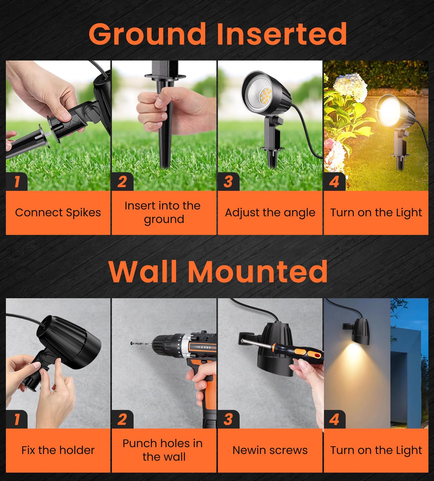 MEIKEE 7W 800lm Landscape Lighting, DC/AC 12V 24V Low Voltage Landscape Lights, 2700K Warm White IP66 Waterproof Outdoor Garden Pathway Yard Lights (8 Pack with Connectors)