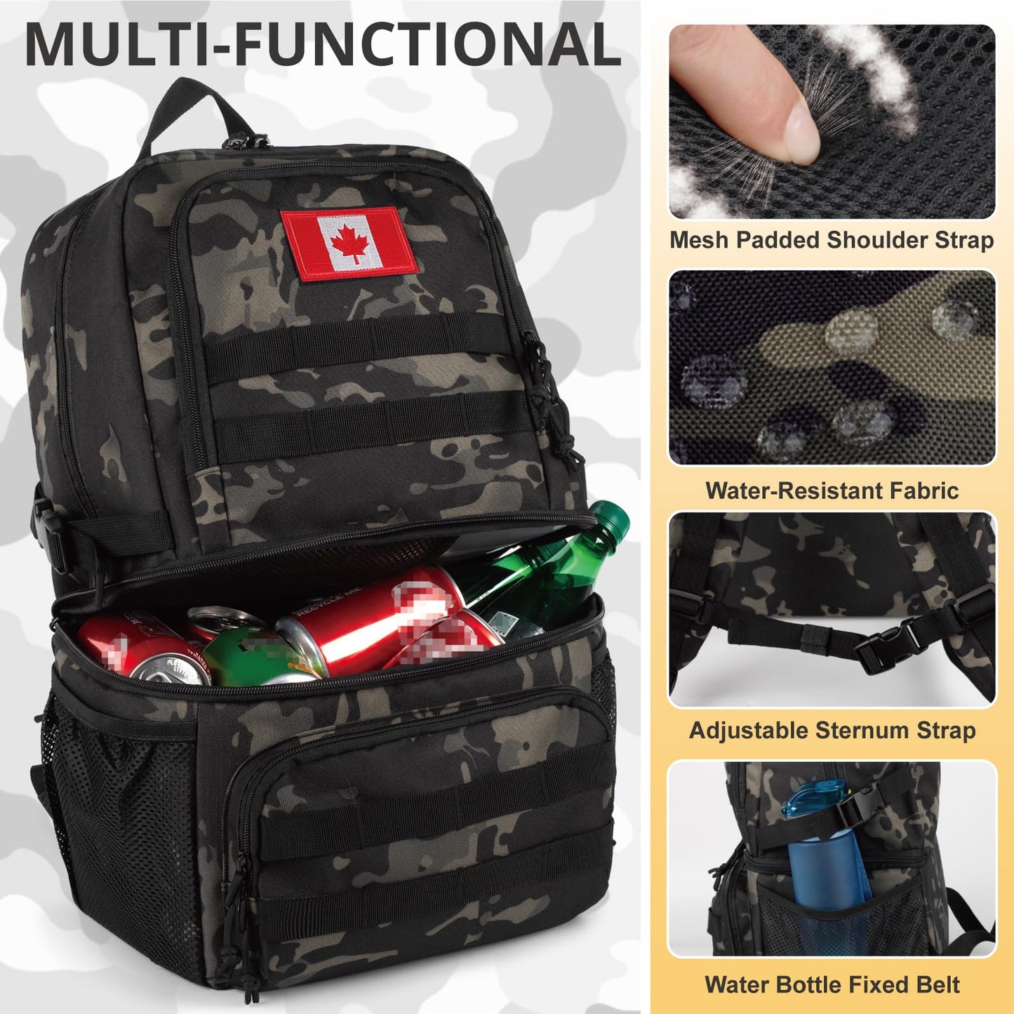 Tactical Double Deck Cooler Backpack for Men,Large Lunch Backpack with 2 Compartment,Soft Cooler Bag (Camo Black, X-Large)