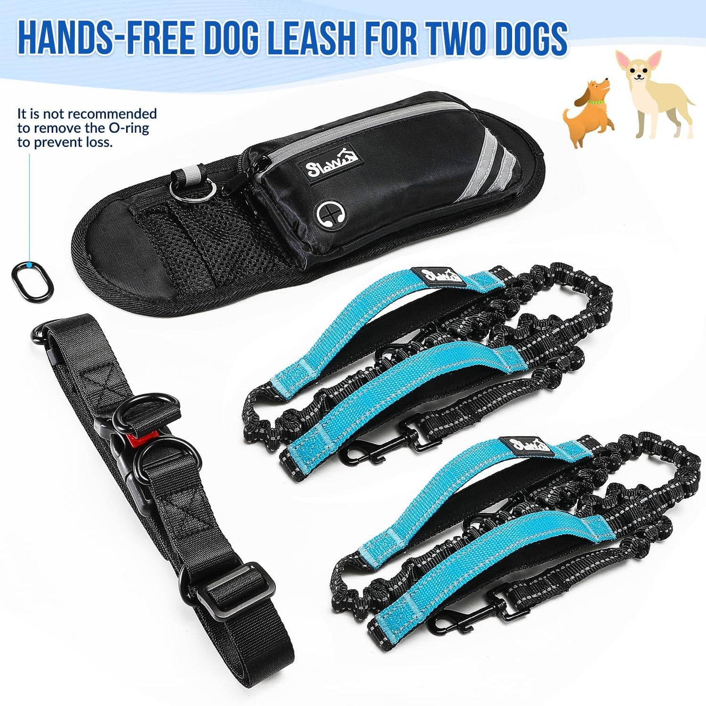 AUTOWT Hands Free Dog Leash for 2 Dogs, Dual Padded Handles and Durable Elastic Bungees with Zipper Pouch, Double Dog Leash with Adjustable Waist Belt for Walking, Jogging and Running(Light Blue, XL)