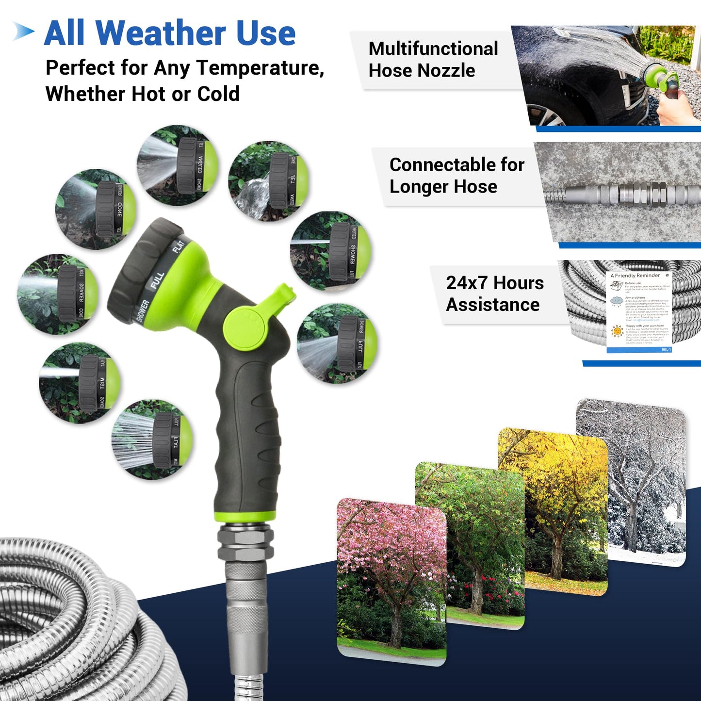 Bluebala Metal Garden Water Hose - Heavy Duty Stainless Steel Water Hose with 8-Mode Spray Nozzle, 3/4" Fittings, Reinforced Connector, Leak Proof, Puncture Resistant, No Kink, Lightweight Hose(25FT)