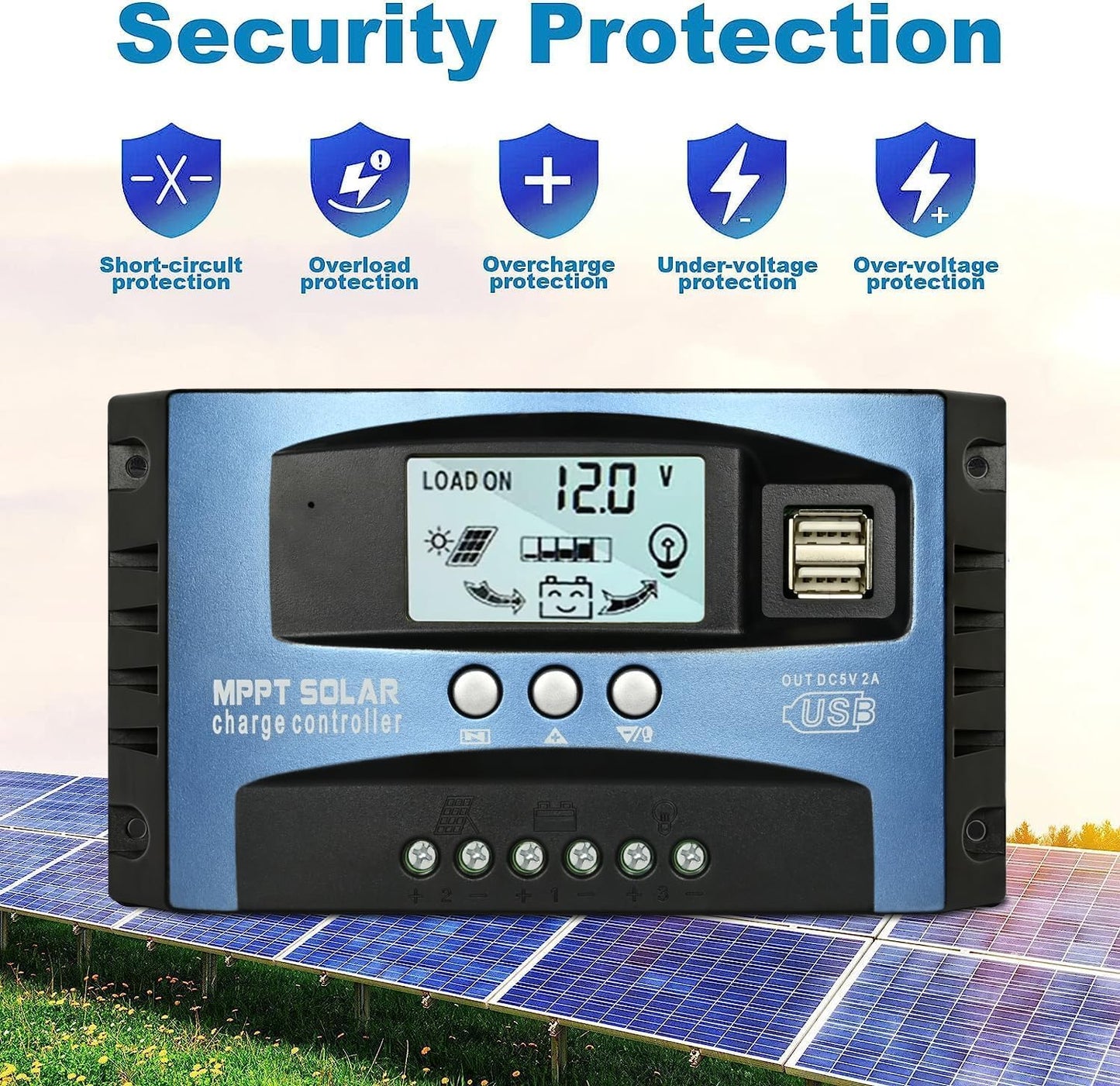 100A MPPT Solar Charge Controller, 12V/ 24V Solar Panel Battery Intelligent Regulator with Dual USB Port, LCD Display and Timer Setting ON/Off Hours