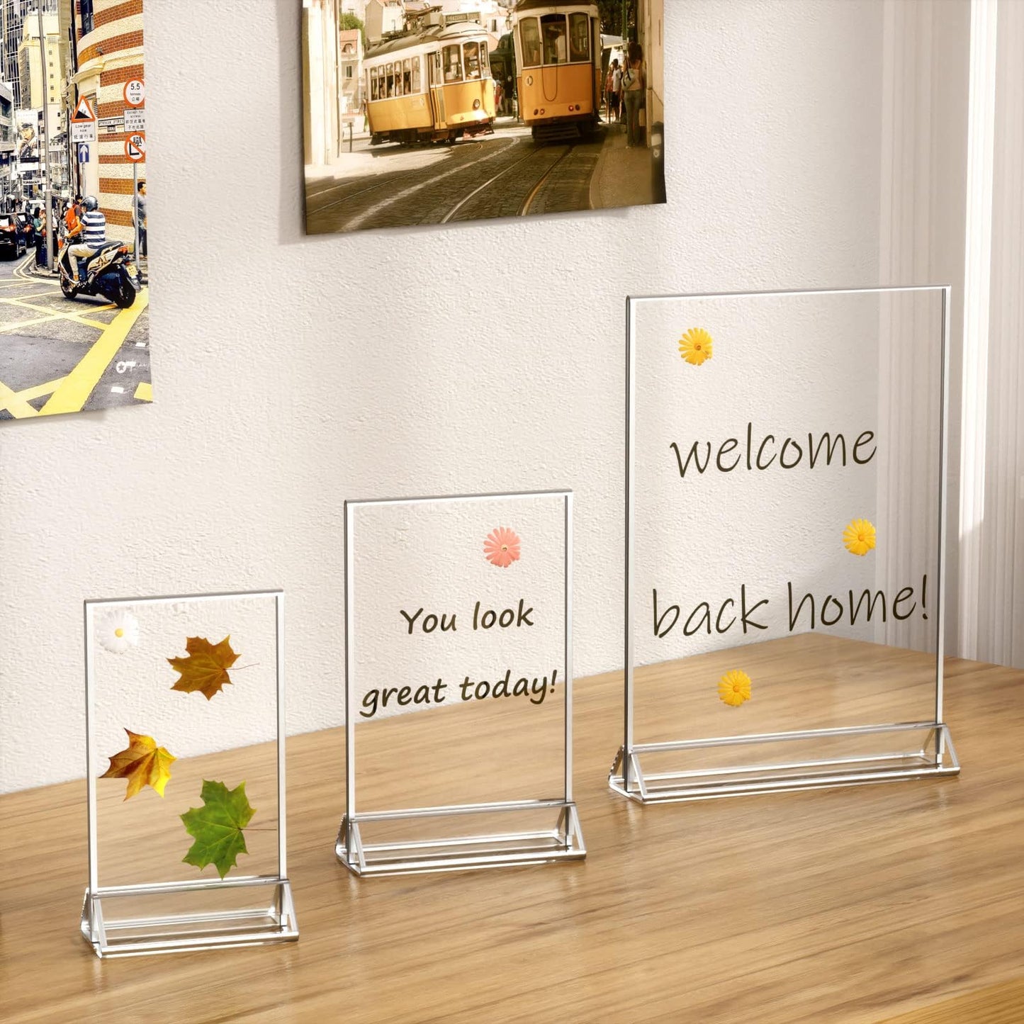 NIUBEE 6Pack 8.5x11 Clear Acrylic Sign Holder with Sliver Borders and Vertical Stand, Double Sided Table Menu Holders Picture Frames for Wedding Table Numbers, Restaurant Signs, Photos and Art Display