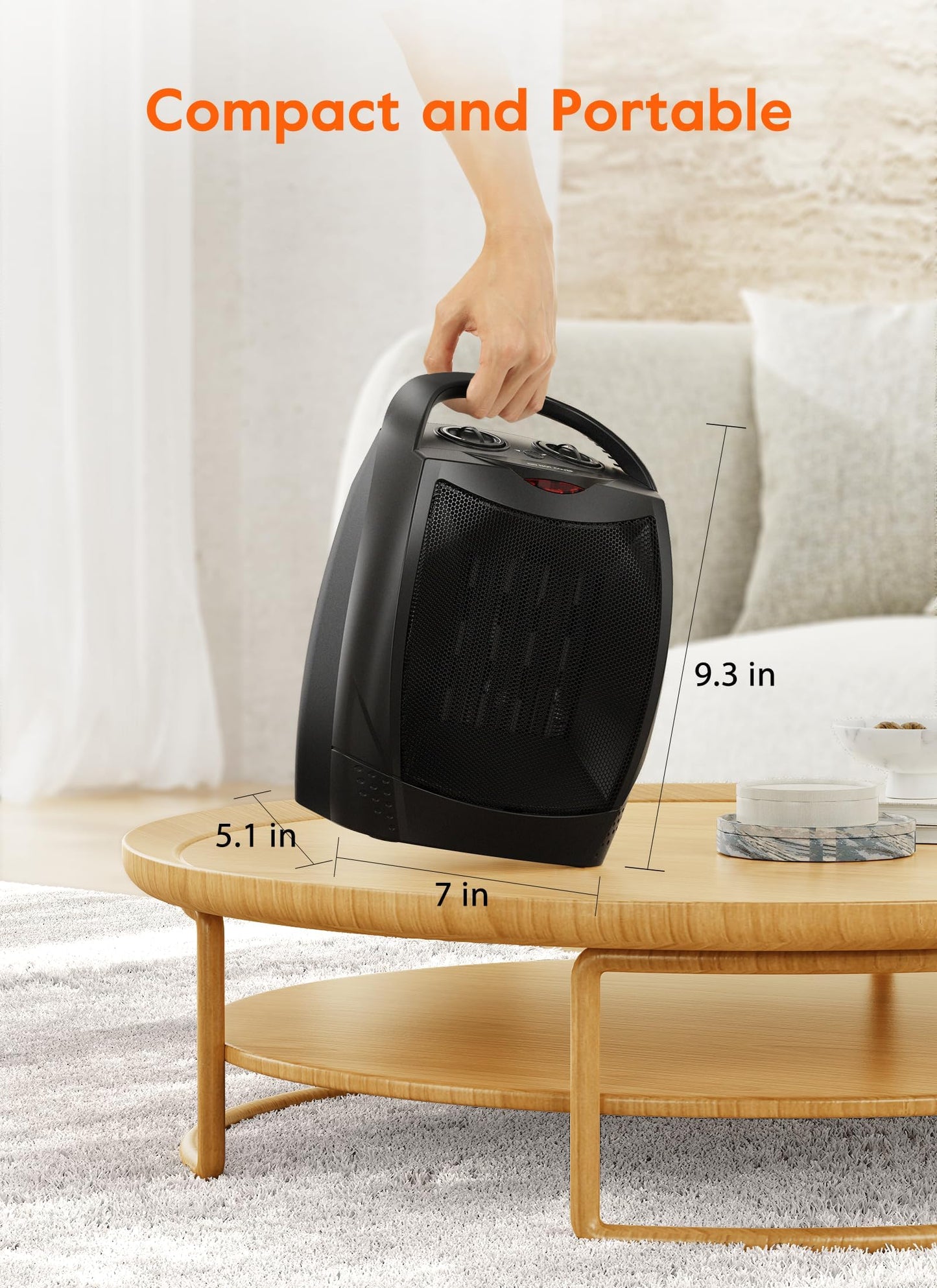 Portable Electric Space Heater with Thermostat, 1500W/750W Safe & Quiet Ceramic Heater Fan, Heat Up 200 sq. Ft for Office Room Desk Indoor Use (Black)