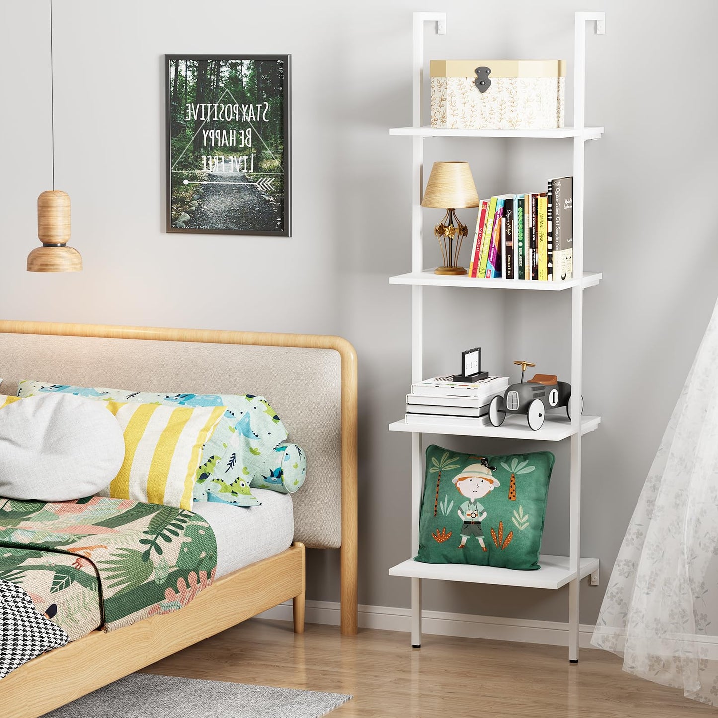 Ladder Shelf 4 Tiers Metal Industrial Bookshelf,White Wooden Tall Open Storage Rack and Display Shelves,Wall Mount Wide Bookcase for Home Office Bedroom,Small