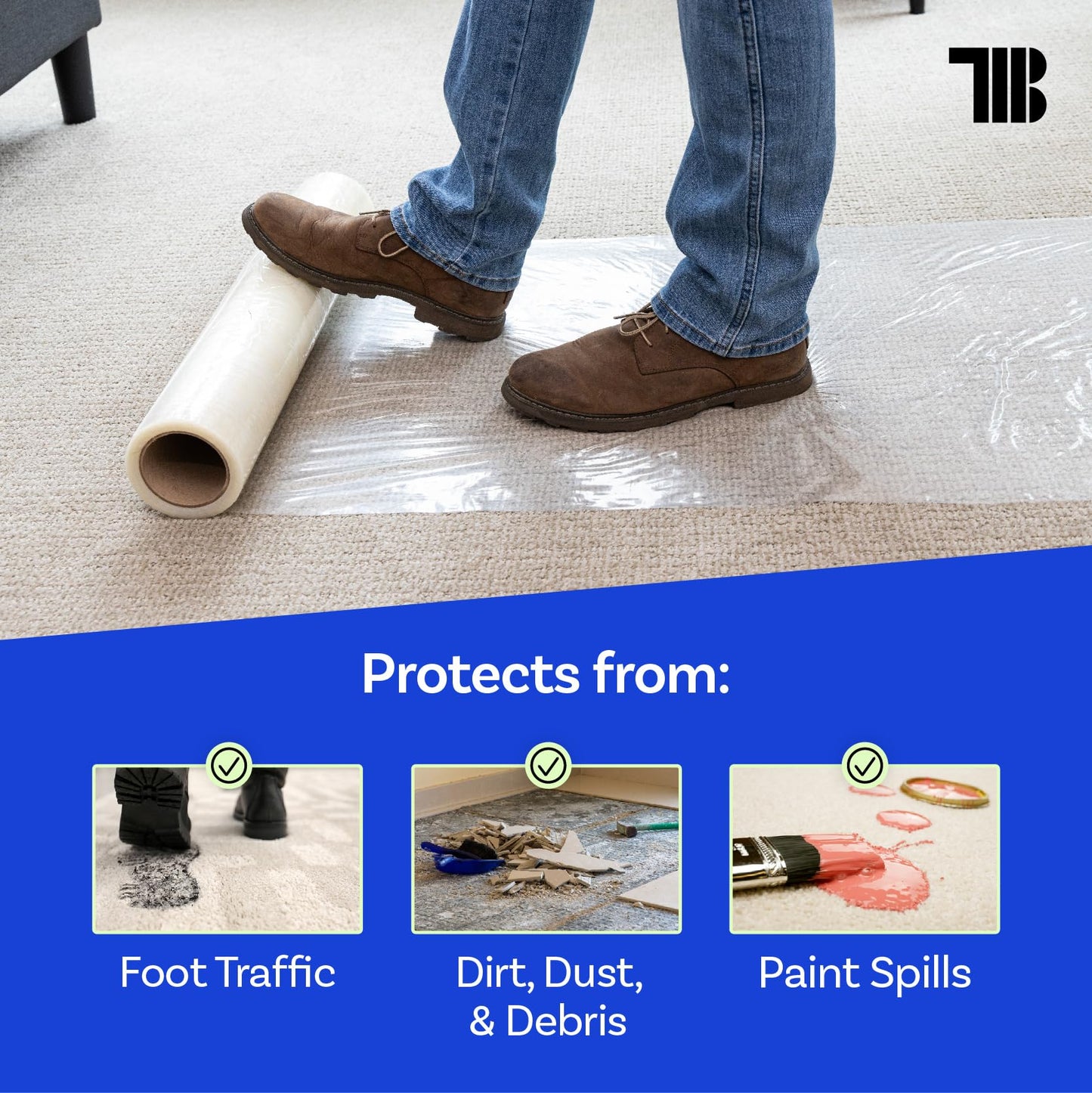 Carpet Protection Film 24" x 200' roll. Made in The USA! Easy Unwind, Clean Removal, Strongest and Most Durable Carpet Protector. Clear, Self-Adhesive Surface Protective Film.