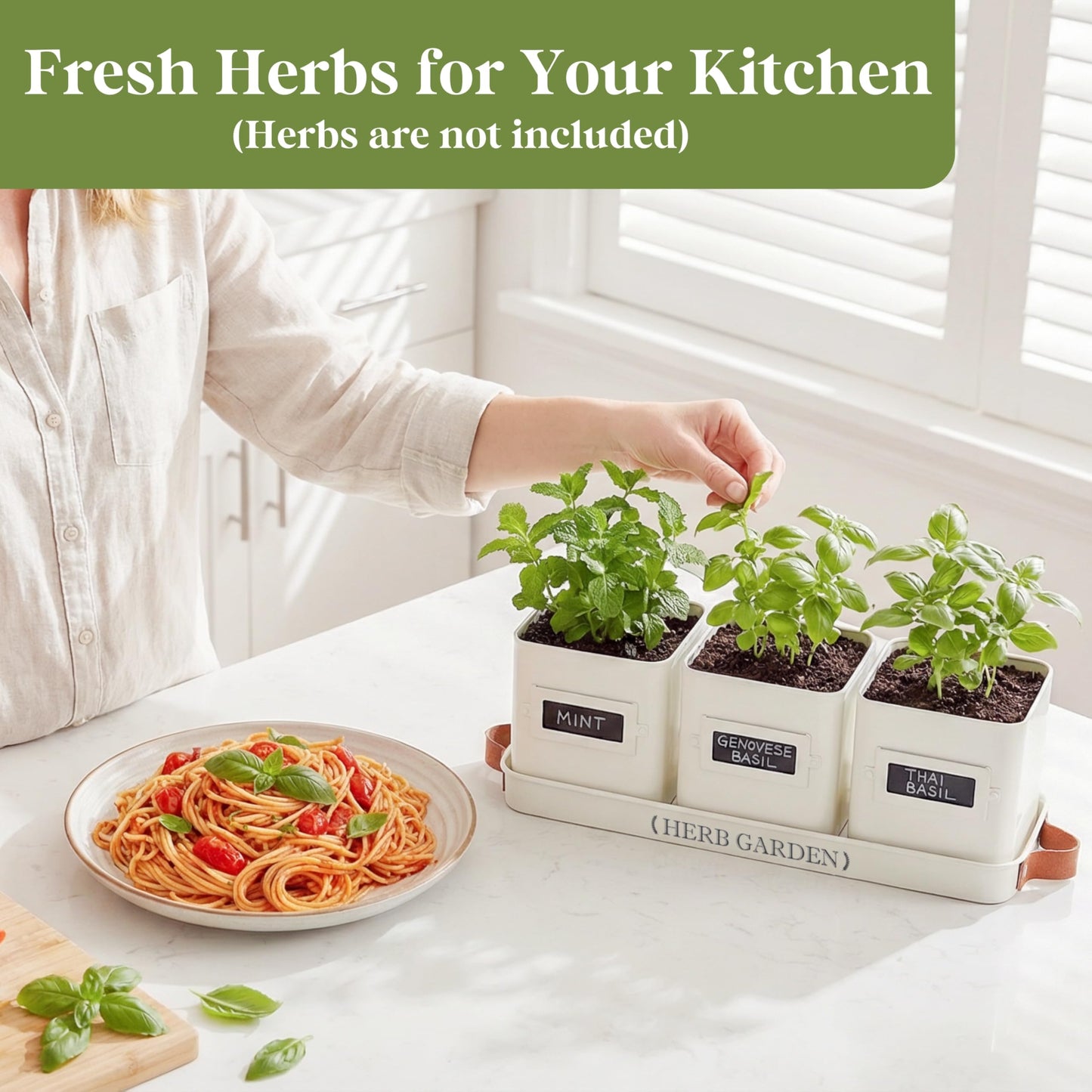 Perfnique Indoor Herb Garden, Herb Planter Set with Tray, Farmhouse Indoor Plant Pots, Windowsill Herb Garden with Drainage(Planter only) for Indoor/Outdoor, Window Pots (White)