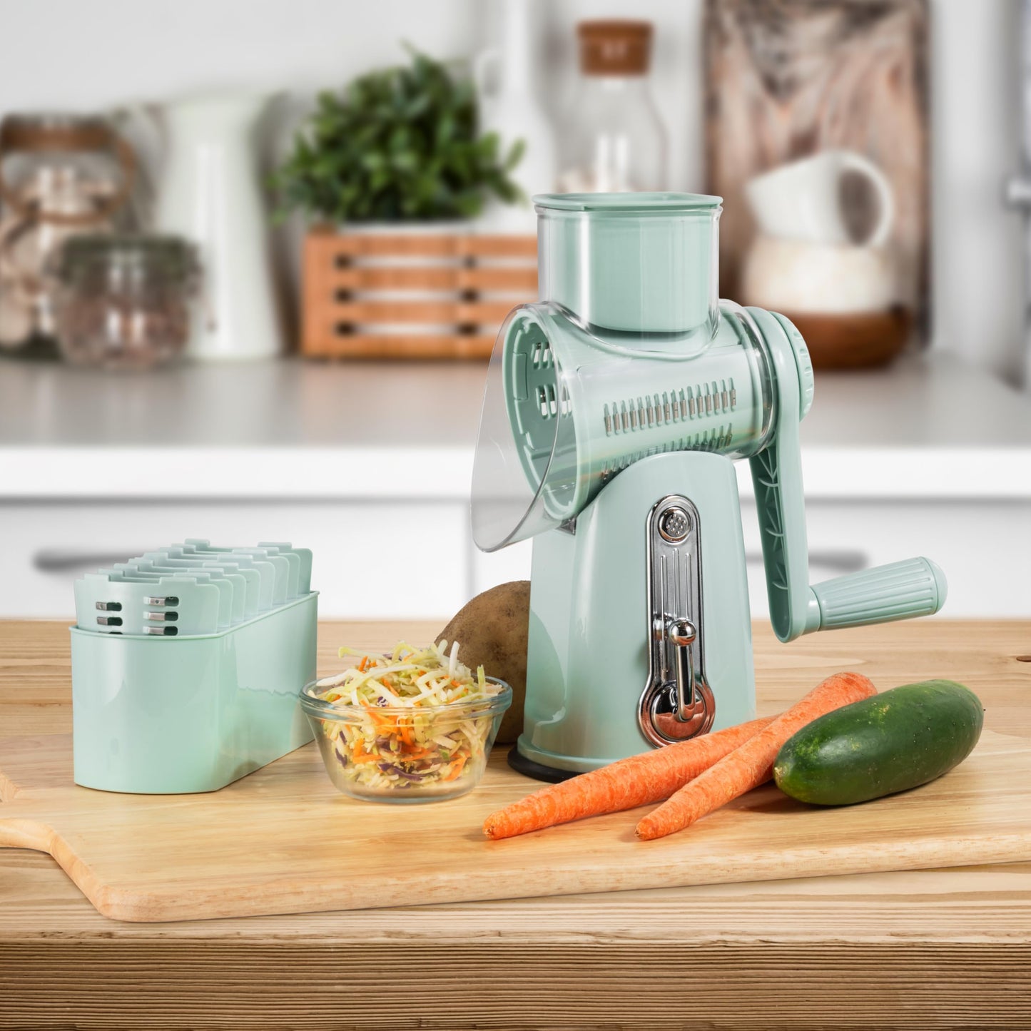 Rotary Cheese Grater 5-in-1 with Handle – Vegetable Slicer, Shredder, Carrot Grater, Nut Grinder & Chocolate Shaver, Durable Stainless Steel Blades (Light Green)