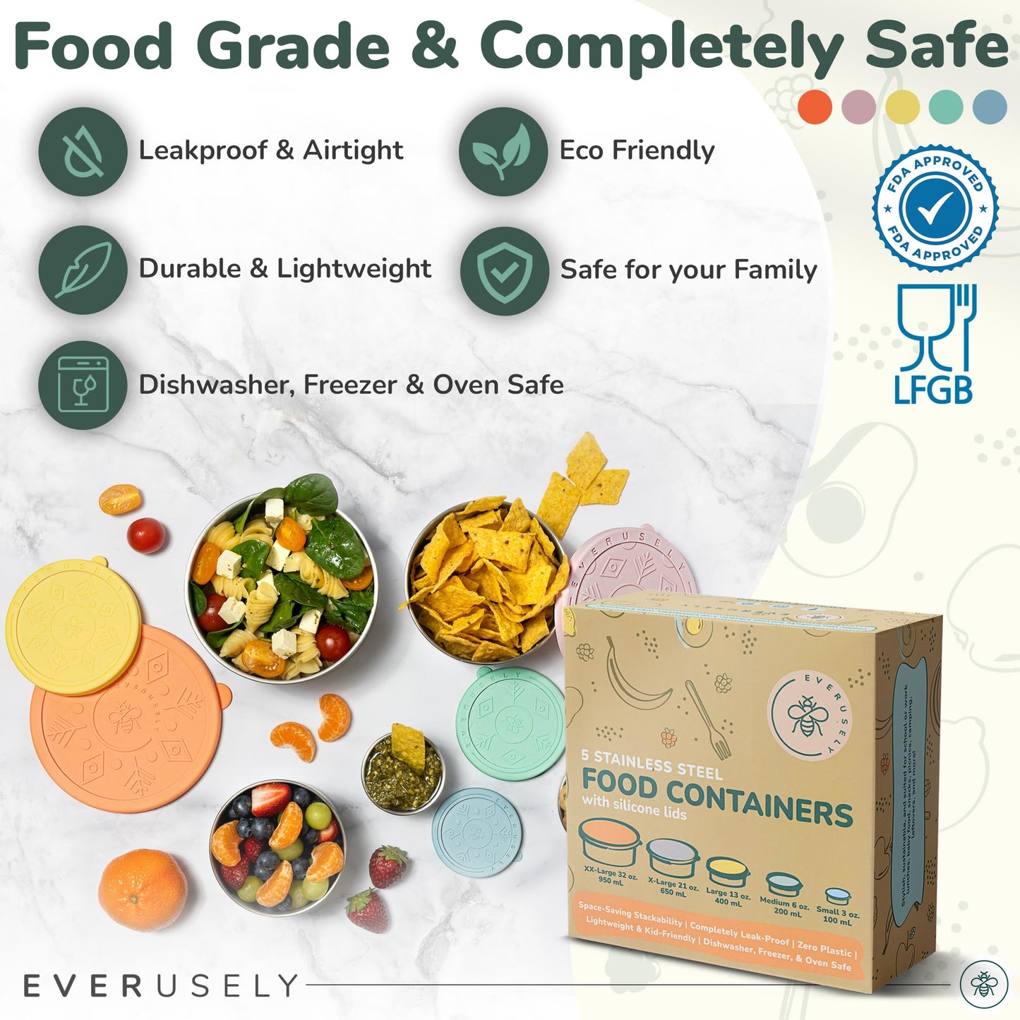 Everusely - Stainless Steel Containers with Lids - Set of 5, Bright Collection - Leakproof Stainless Steel Food Containers - Nesting Snack Holders - Metal Lunch Box - Portable & Reusable Meal Kit