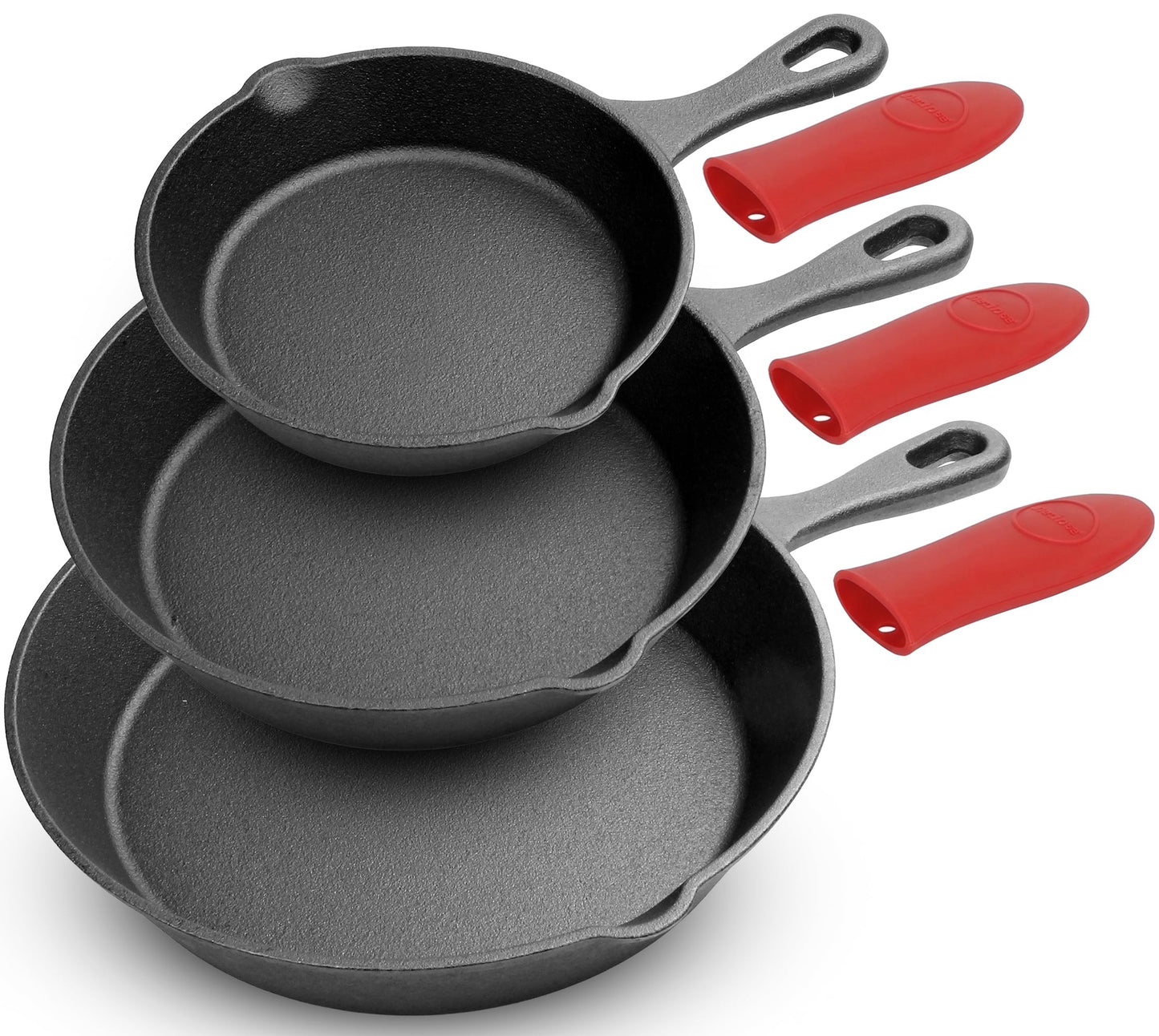 NutriChef 3pc Cast Iron Skillet Set - Nonstick Pans with Drip Spout, Silicone Handles, for All Cooktops