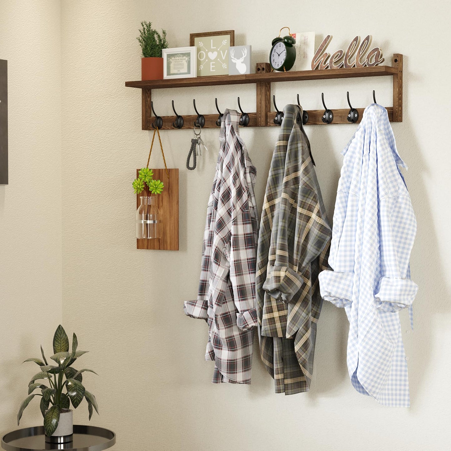 AMBIRD 34.2inch Wooden Extra-Long Wall Hook Rack with Shelf - Versatile and Decorative Wall-Mounted Storage - 10 Hooks for Hanging Coats, Hats, Scarves - Ideal for Entryways, Bedrooms, Closets