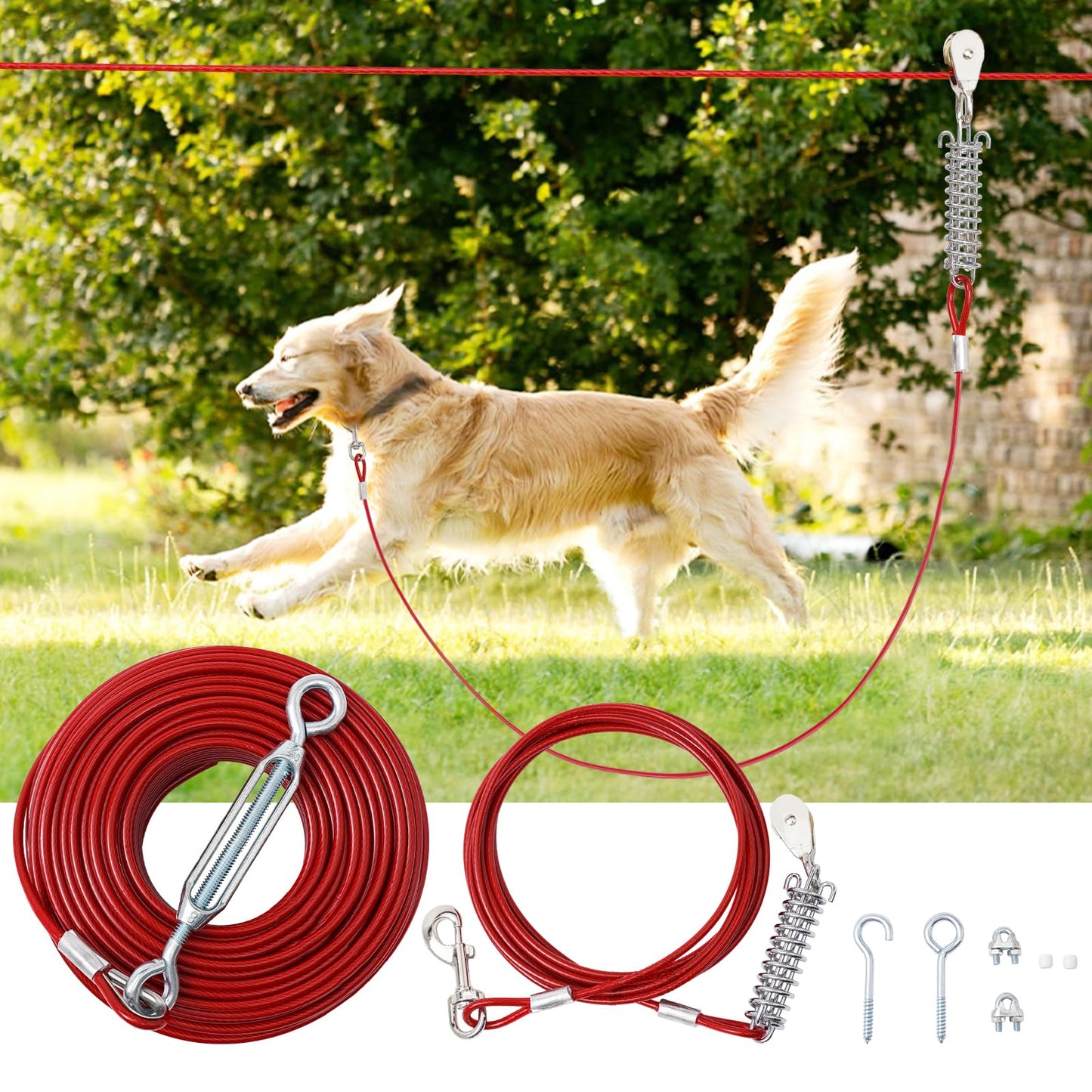 LUFFWELL 150FT Dog Runner for Yard with 10FT Tie Out Cable - Heavy Duty Trolley System for Large Dogs Up to 250LBS, Backyard/Park/Camping Use (Red, 150FT+10FT)