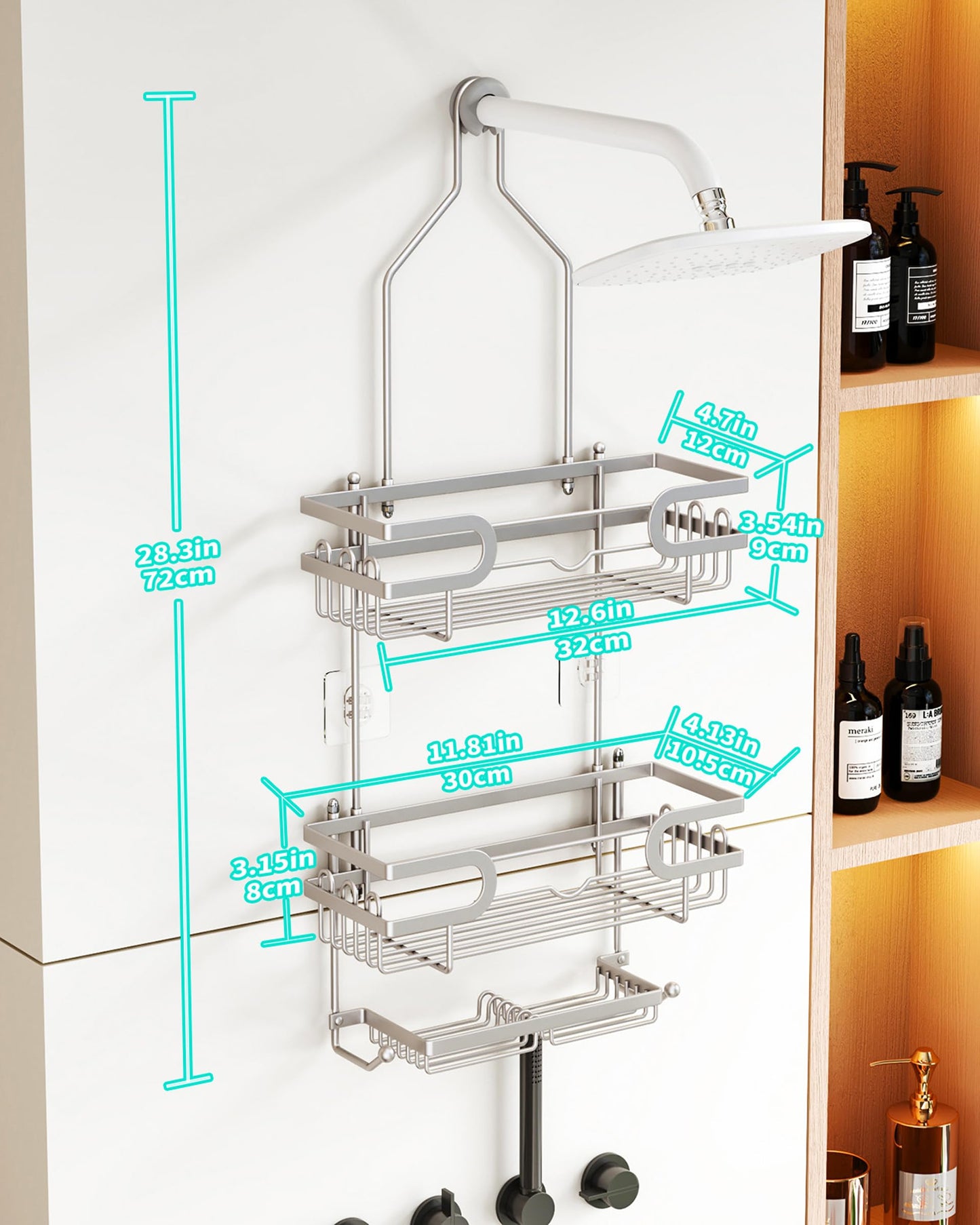 HapiRm Shower Caddy Hanging - 3 Tier Over Head Shower Caddy No Drilling, Bathroom Organizers with 2 Soap Holder & 12 Hooks, Bathroom Shelf Organizer for Shampoo, Soap, 12.6 x 4.7 x 28in