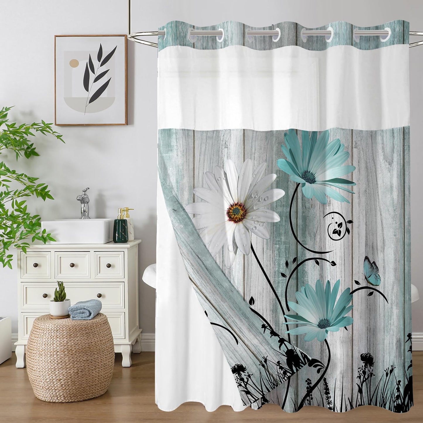 Shellspace No Hook 3 in 1 Shower Curtain with Snap in Liner, Teal and White Daisy Shower Curtain Set with See Through Top Window, Machine Washable Waterproof Polyester Fabric Bath Curtain, 71 x 74 in