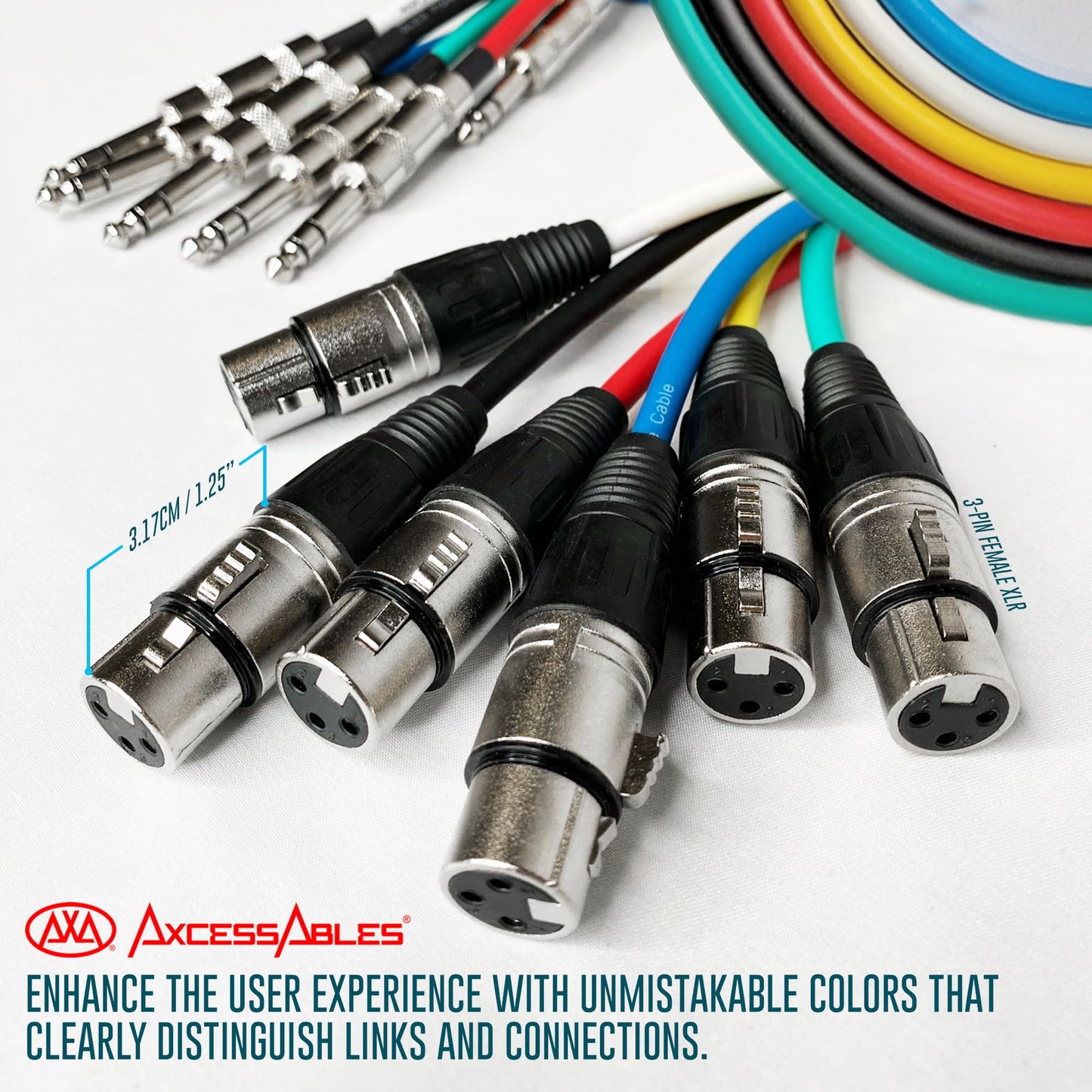 AxcessAbles XLR Female to 1/4" TRS Balanced 2ft Speaker Color Cable Pack | Balanced Speaker, Microphone Snake Cords (2ft - 6 Pack)