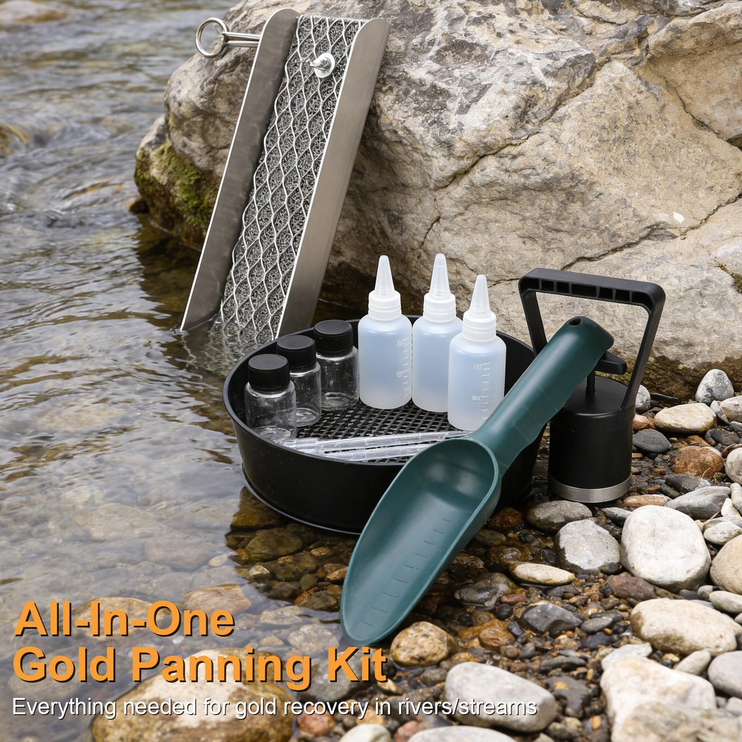 16Pcs Gold Panning Kit Mini Sluice Box Aluminum Alloy Gold Mining Equipment, Gold Mining Kit Includes Gold Pan, Classifier Screen, Separating Magnet, Drawstring Bag, Accessories