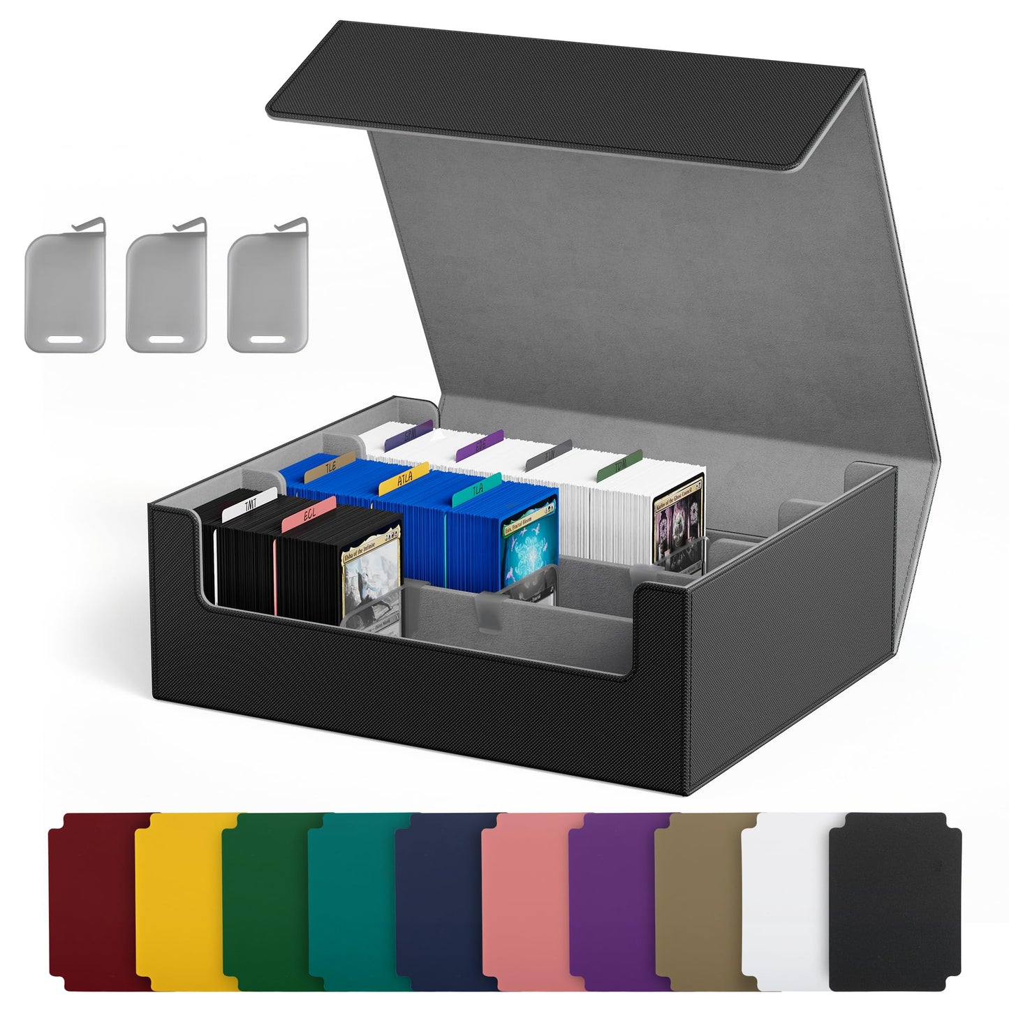 UAONO Trading Card Storage Box, Holds 1800+ Sleeved Cards with 10 Dividers & 3 Stoppers, Card Organizer for TCG/Magic/Mtg storage and Collection, 3-Row Black&Gray