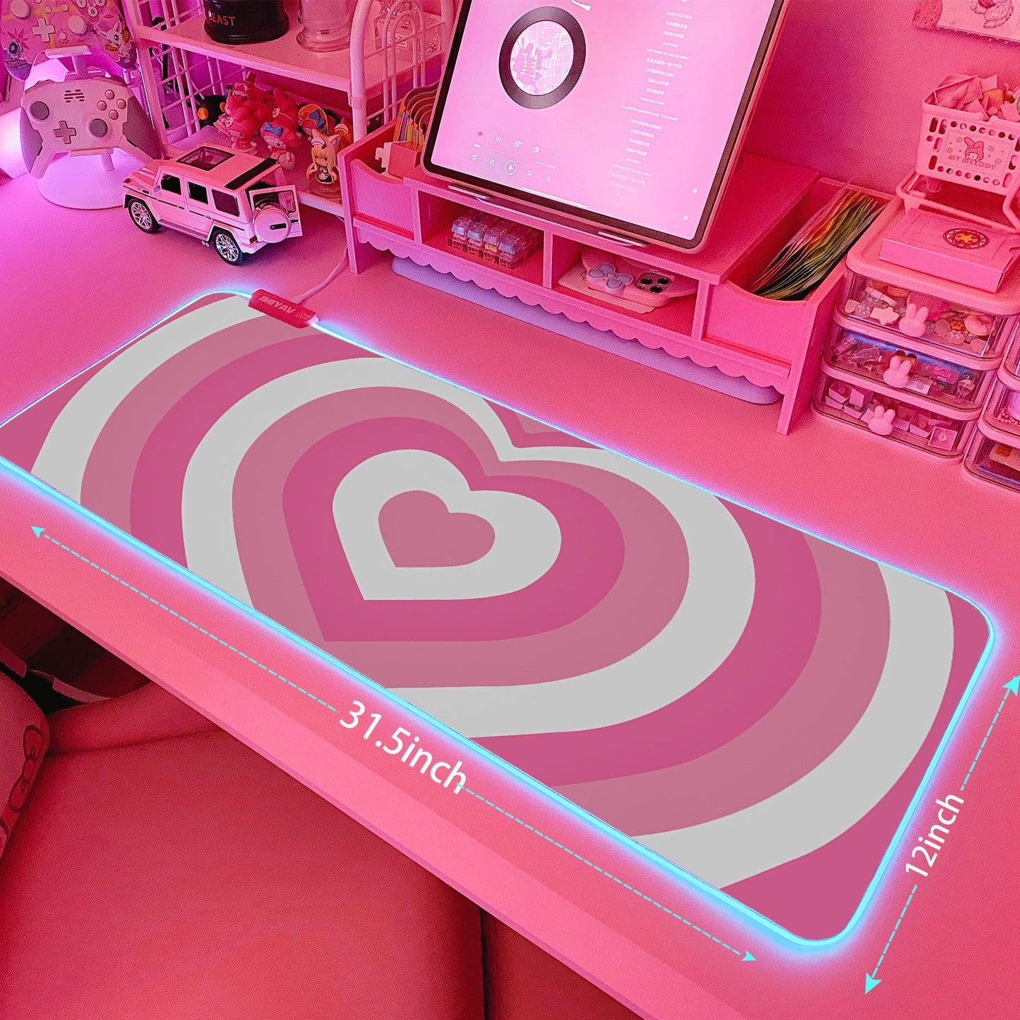 JMIYAV Pink RGB Gaming Mouse Pad 31.5x12 Inch PC XL Large Extended Glowing Led Light Up Desk Pad Non-Slip Rubber Jmiyav Base Computer Mouse Pad Cute Mousepad Mat 31.5x12 Inch Love