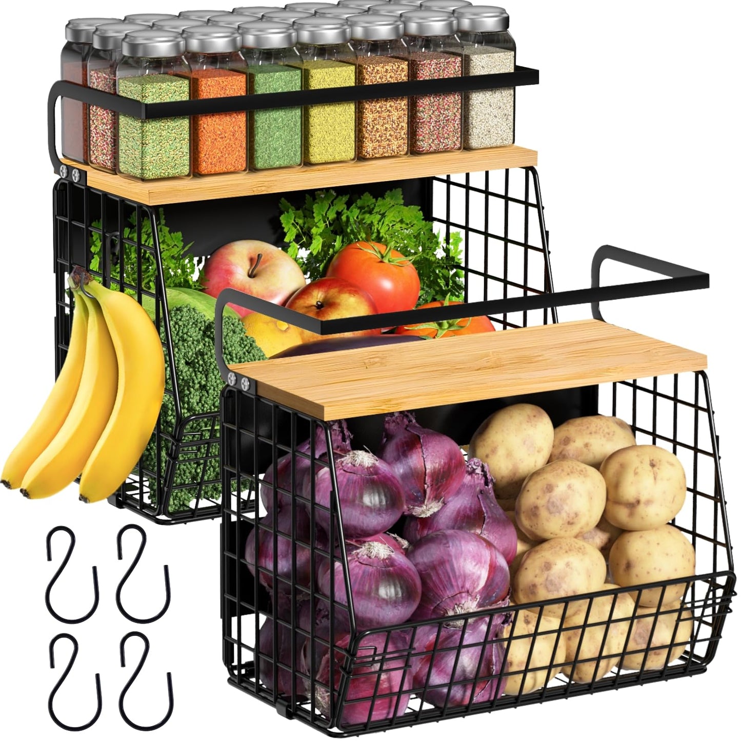 2 Set Magnetic Shelf for Refrigerator with Wood Lid, Fruit Potato & Onion Storage Bins, Pantry Organizers & Storage, Large Container Magnetic Spice Rack for Refrigerator, Kitchen Counter, Cabinet
