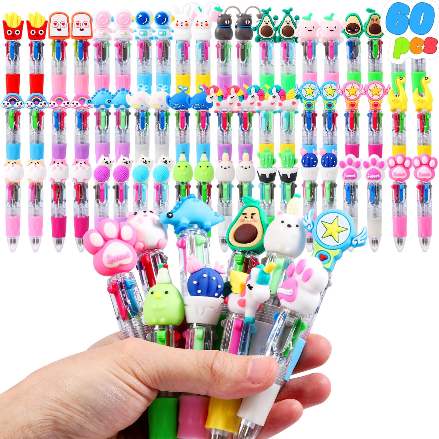 JOLLYFUN 60PCS Mini 4-in-1 Multicolor Retractable Ballpoint Pens - Cute Cartoon Pen Set with Blue Red Black Green Ink - School Supplies, Classroom Prizes, Kids Party Favors, Year End Gifts